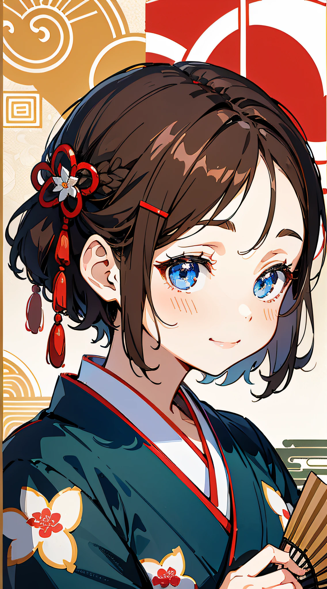 Masterpiece, super-high-resolution, cute girl, half-body, Chinese ancient style, short brown hair, red kimono, flowing short hair, braids, flower embellishments, blue eyes, hairpins, cute little loli, cute cute cute, thick painting, gentle smile, holding a fan