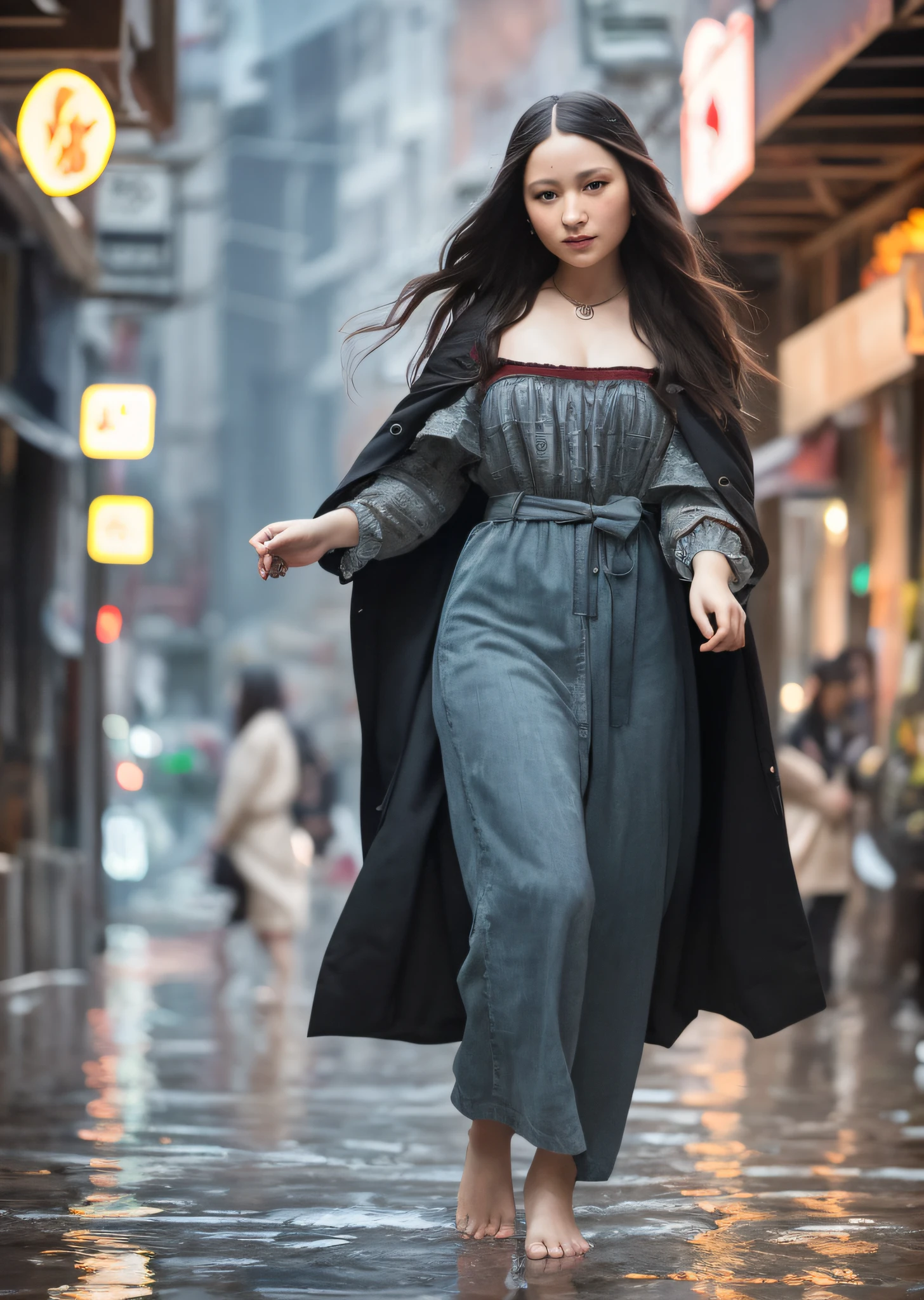 Mona Lisa and an alternative man walking in wet market, gentle expression, full body portrait, barefoot, light streaks falling from the sky, masterpiece, highest quality, high quality, highly detailed CG unit 8k wallpaper, award winning photo, bokeh, depth of field, HDR, flood, chromatic aberration, realistic, very detailed, art station trend, CGsociety trend, complex, high detail, dramatic, midway art, volumetric lighting