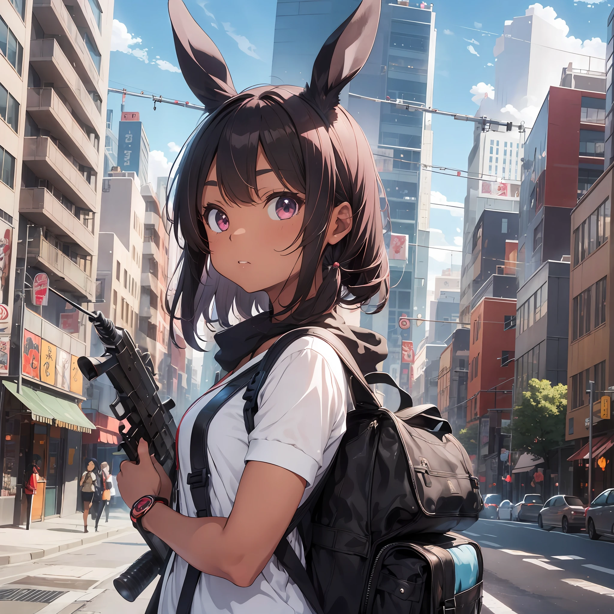 Early morning, city buildings background, sunglasses, red school swimsuit, thick eyebrows, leather backpack, bazooka protruding from the backpack, carrying heavy weapons, (dark skin: 1.3), black gloves, brown skin, movie lighting, small, beautiful light pink hair, rabbit ears, (masterpiece), ((highest quality)), (super detailed), glossy skin, full body anime girl, solo, clean and detailed anime face, High resolution anime eyes, five fingers, textile shading, perfect human structure, perfect anatomy,