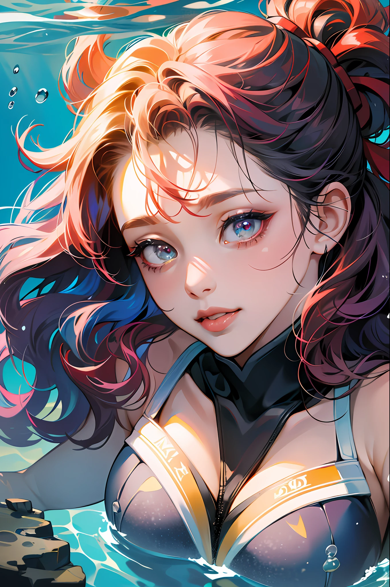 absurdres, highres, ultra detailed, 1girl, solo, extremely detailed eyes, multicolored hair, curly hair, coral eyes, , Diving_underwater_to_view_marine_life,, heavy breathing (panting)