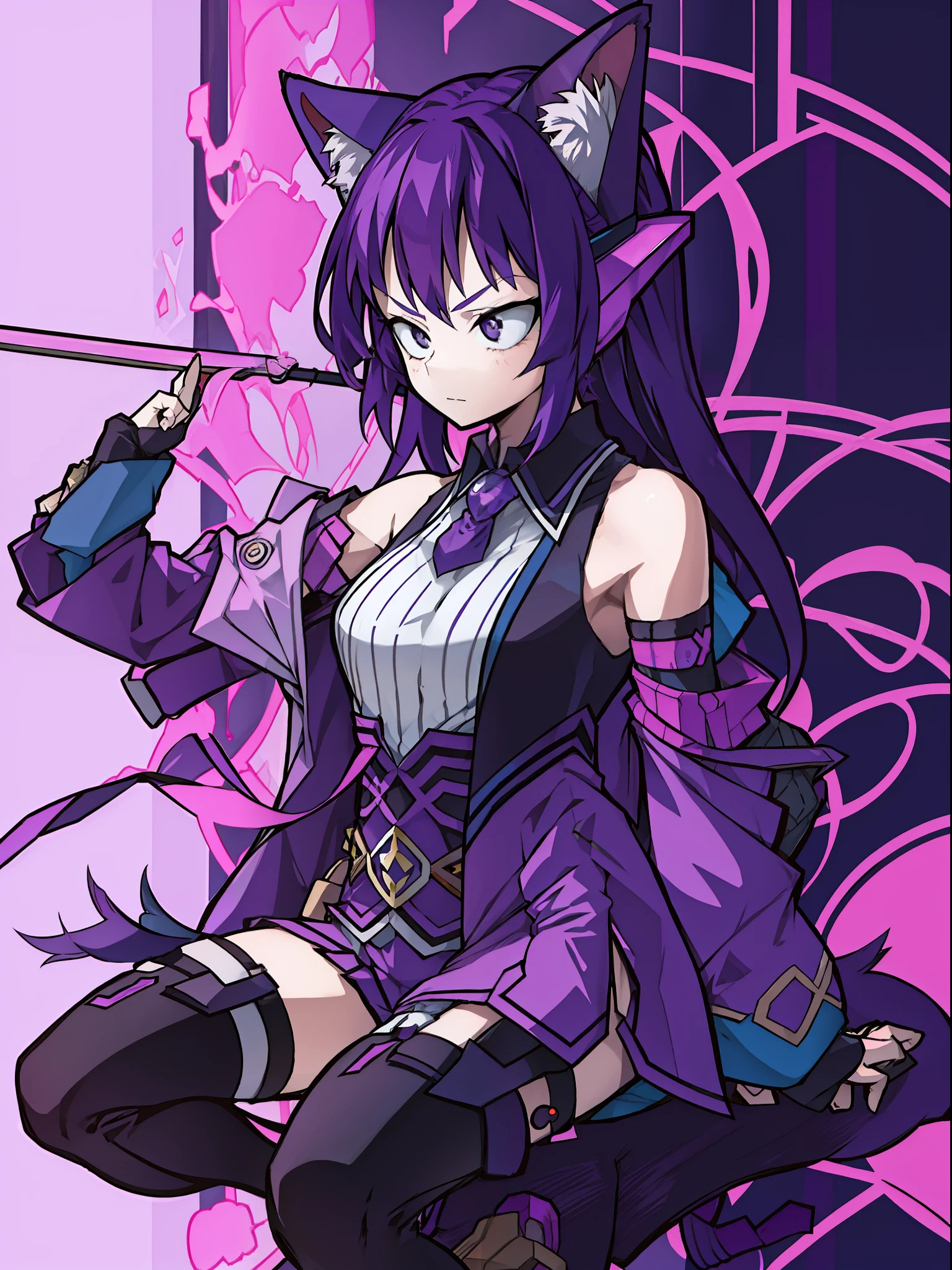 A , Shoulders Long Hair, Purple Hair, Small Purple Cat Ears, A Purple Cat Tail, Assassin Clothing, Amine Style