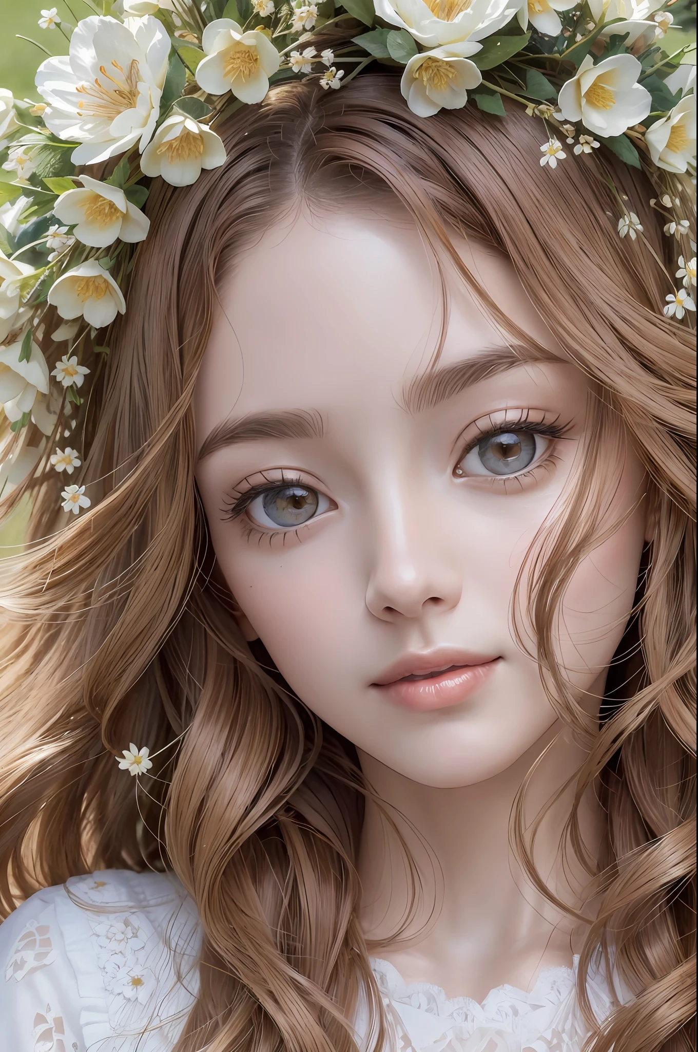 Absurd, ultra-detailed, high quality, masterpiece, detailed face, beautiful eyes(detailed eyes), Greek mythology, Demeter, the goddess of agriculture and fertility, the abundance of nature, eyes hold a gentle and compassionate gaze, eyes is earthy and verdant, face carries the serene beauty of a tranquil meadow, soft, well-defined features, Her smile is gentle and inviting, reflecting the joy. hair depicted as waves of chestnut strands, as waves of chestnut strands, Adorned with flowers .