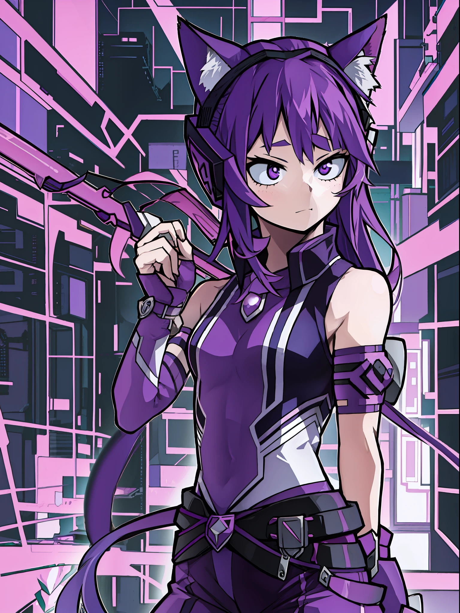 A , Shoulders Long Hair, Purple Hair, Small Purple Cat Ears, A Purple Cat Tail, Assassin Clothing, Amine Style