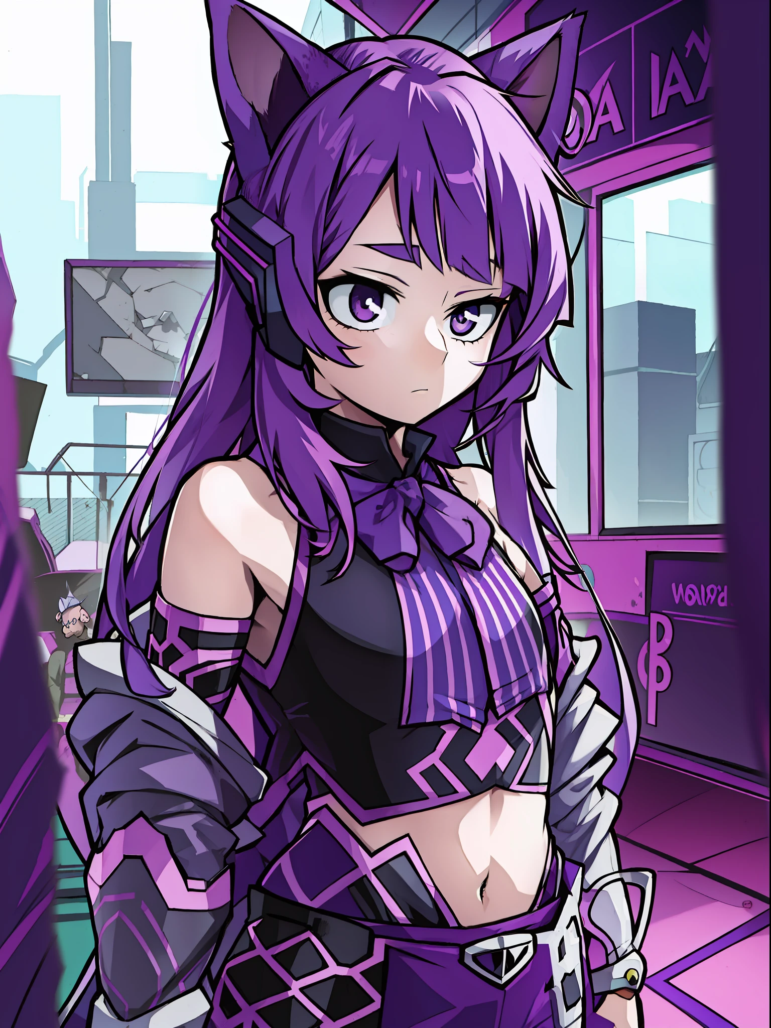 A , Shoulders Long Hair, Purple Hair, Small Purple Cat Ears, A Purple Cat Tail, Assassin Clothing, Amine Style