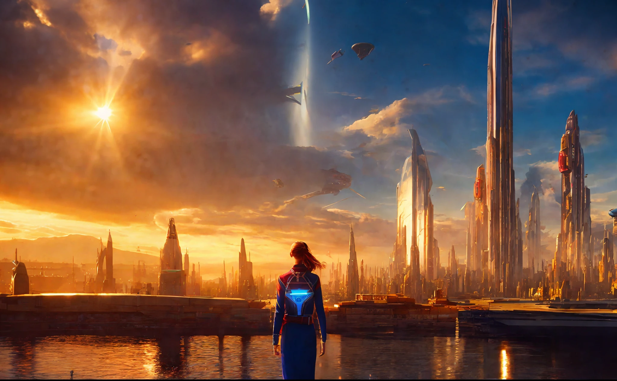 girl with boy on city background, style, Sidon, golden rays light, golden flashes, futuristic sci-fi city landscape, sci-fi, ultra-realistic, high resolution, city