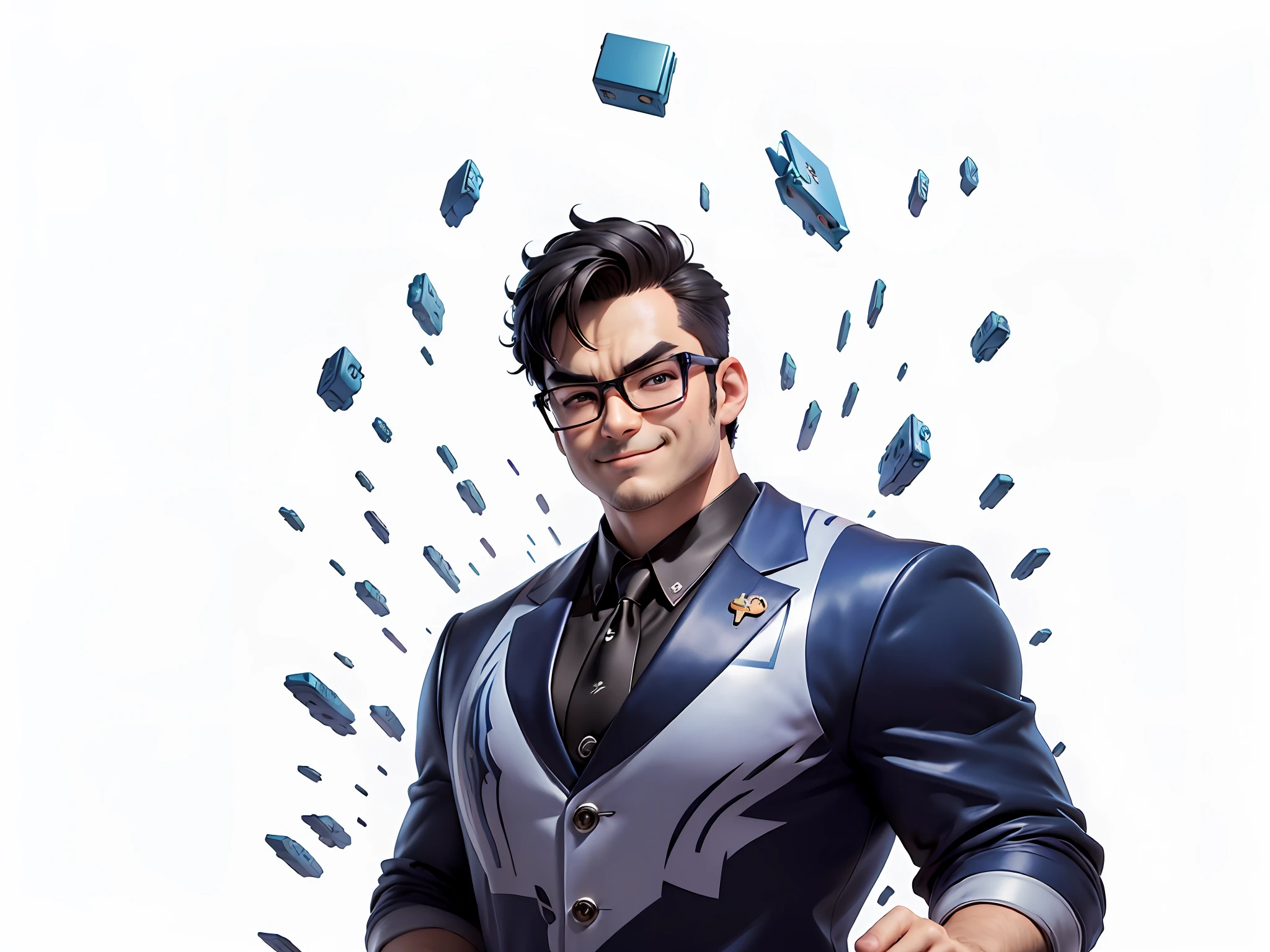 (((Masterpiece), (Excellent), (Super Meticulous), (Full Body: 1.2), Super Young Man, Oriental Face, Japanese Wind and Thunder God, Dragon, Tiger, TV Anchor, Bust Portrait Illustration, Alone, Black Formal Suit, Blue Tie, Slightly Chubby Face, Silver Glasses Face Very Clean No Beard, Black Super Short Hair, Black Eyes, Confident Smile, 3c Computer Sub-Products, iPad, iPhone, Digital Painting, 3D Character Design by Akira Toriyama and Mark Claireden and Pixar and Hayao Miyazaki, The illustration is a high-definition illustration in 4K resolution with very detailed facial features and cartoon-style visuals.