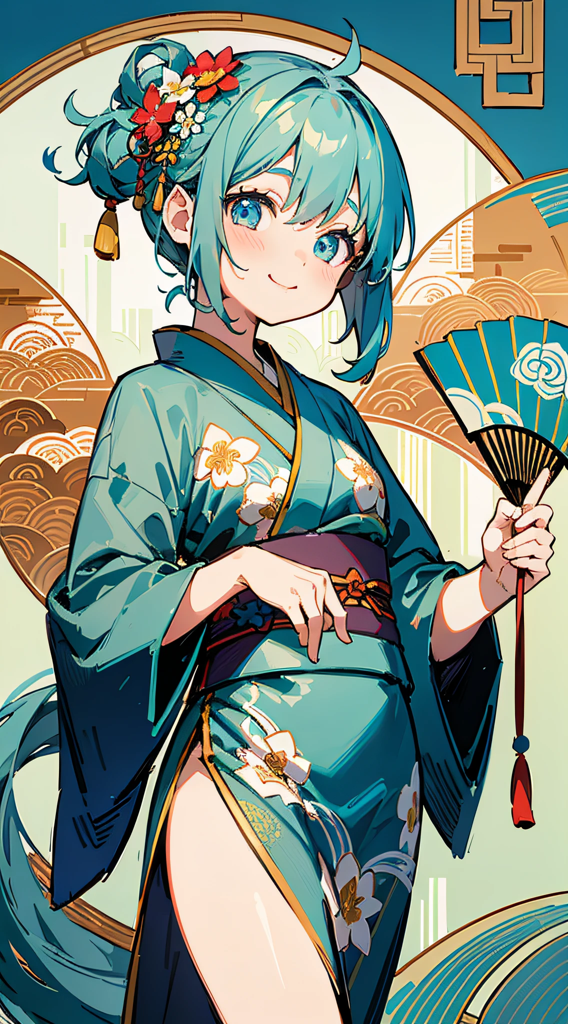 Masterpiece, super-high-resolution, cute girl, whole body, Chinese ancient style, gray long hair, green kimono, blue hair, flowing short hair, flower embellishment, blue eyes, hairpin, cute little loli, cute cute cute, thick paint, gentle smile, holding a fan