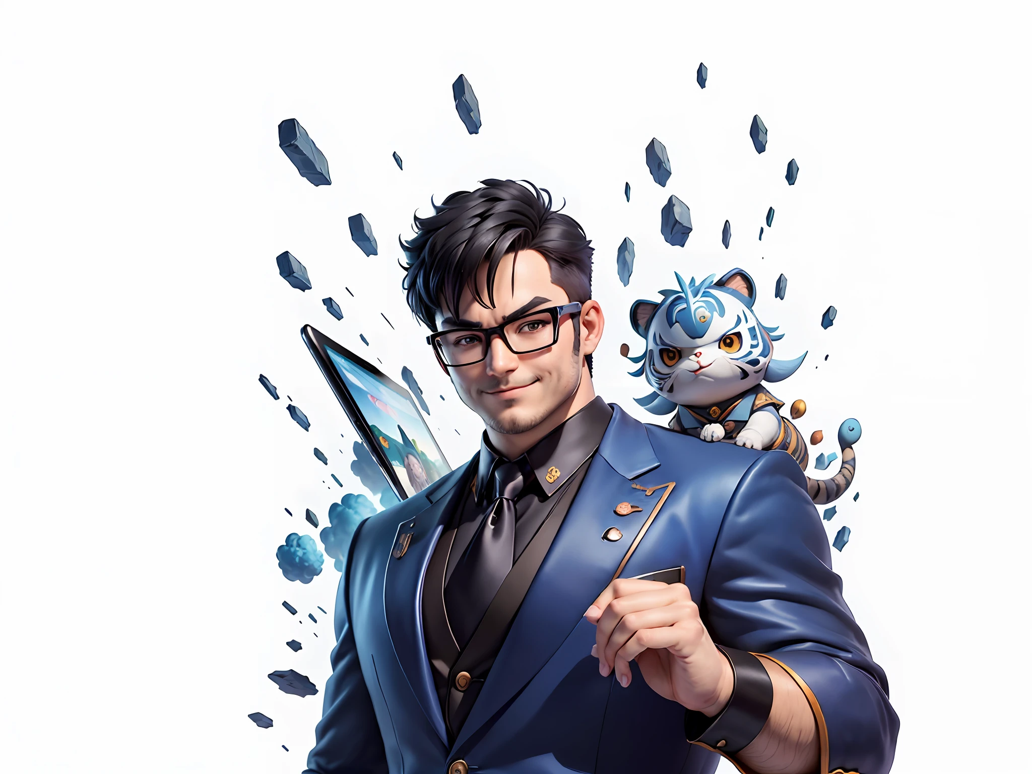 (((Masterpiece), (Excellent), (Super Meticulous), (Full Body: 1.2), Super Young Man, Oriental Face, Japanese Wind and Thunder God, Dragon, Tiger, TV Anchor, Bust Portrait Illustration, Alone, Black Formal Suit, Blue Tie, Slightly Chubby Face, Silver Glasses Face Very Clean No Beard, Black Super Short Hair, Black Eyes, Confident Smile, 3c Computer Sub-Products, iPad, iPhone, Digital Painting, 3D Character Design by Akira Toriyama and Mark Claireden and Pixar and Hayao Miyazaki, The illustration is a high-definition illustration in 4K resolution with very detailed facial features and cartoon-style visuals.