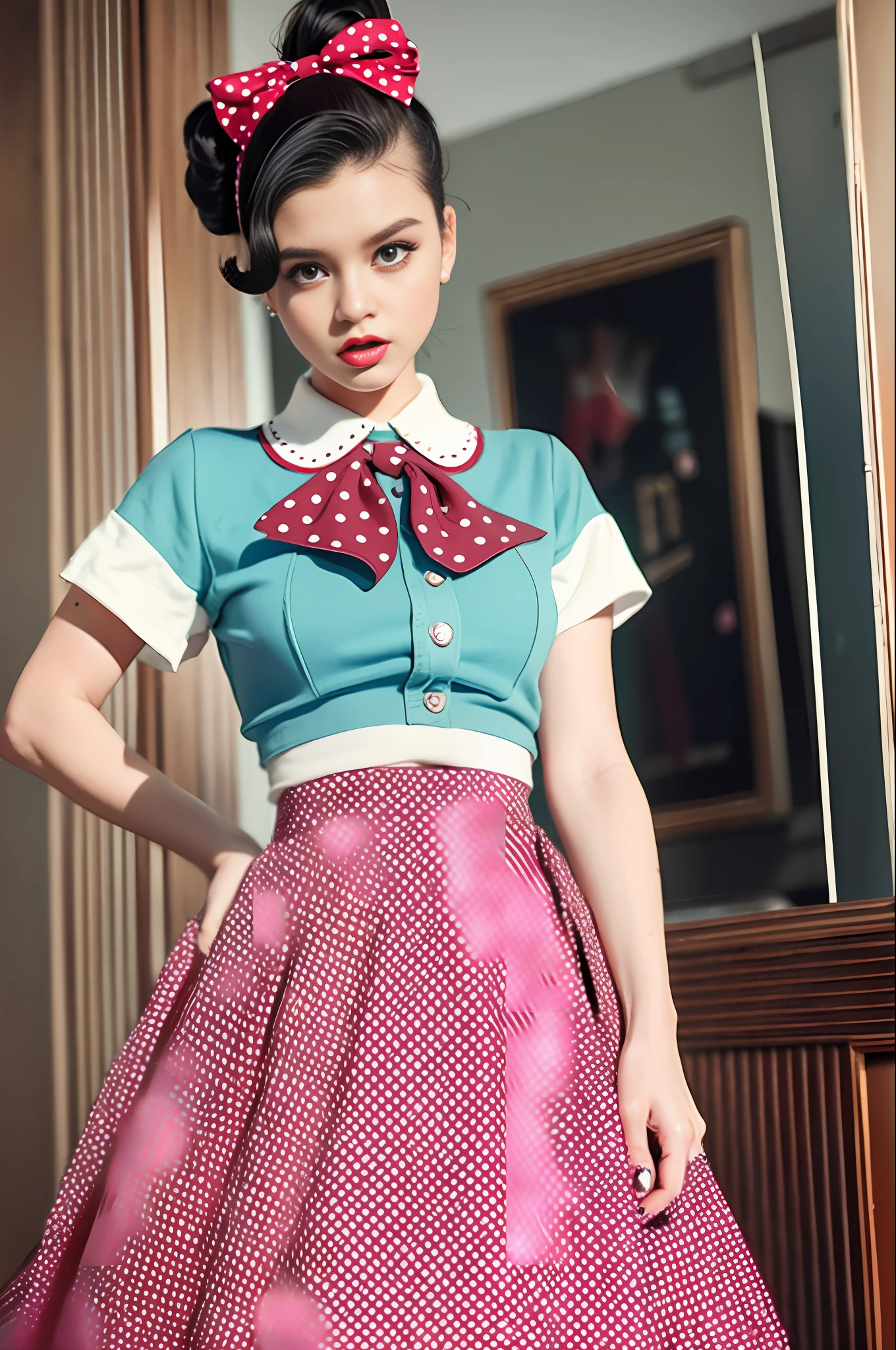 Rockabilly fashion, 50's American fashion, (masterpiece, top quality, highest quality, official art, beautiful and aesthetic: 1.2), (1 girl: 1.3), (rockabilly: 1.3), (18 years old Japan person: 1.2), rockabilly, white short-sleeved blouse, (red polka dot circular skirt: 1.3), ponytail with large ribbon, bobby soxer, saddle shoes, Rock and Roll, Long Skirts, Dance, (Jukebox: 1.3), Cadillac