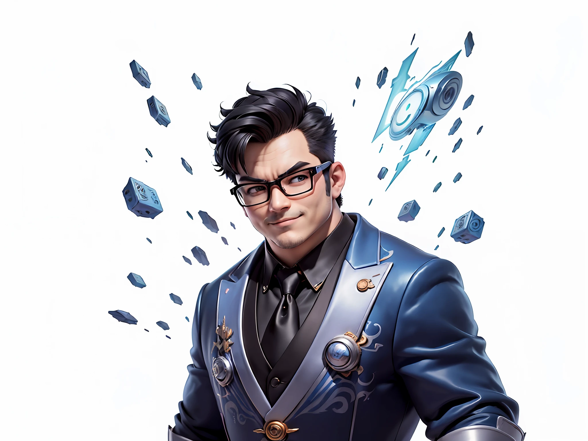 (((Masterpiece), (Excellent), (Super Meticulous), (Full Body: 1.2), Super Young Man, Oriental Face, Japanese Wind and Thunder God, Dragon, Tiger, TV Anchor, Bust Portrait Illustration, Alone, Black Formal Suit, Blue Tie, Slightly Chubby Face, Silver Glasses Face Very Clean No Beard, Black Super Short Hair, Black Eyes, Confident Smile, 3c Computer Sub-Products, iPad, iPhone, Digital Painting, 3D Character Design by Akira Toriyama and Mark Claireden and Pixar and Hayao Miyazaki, The illustration is a high-definition illustration in 4K resolution with very detailed facial features and cartoon-style visuals.