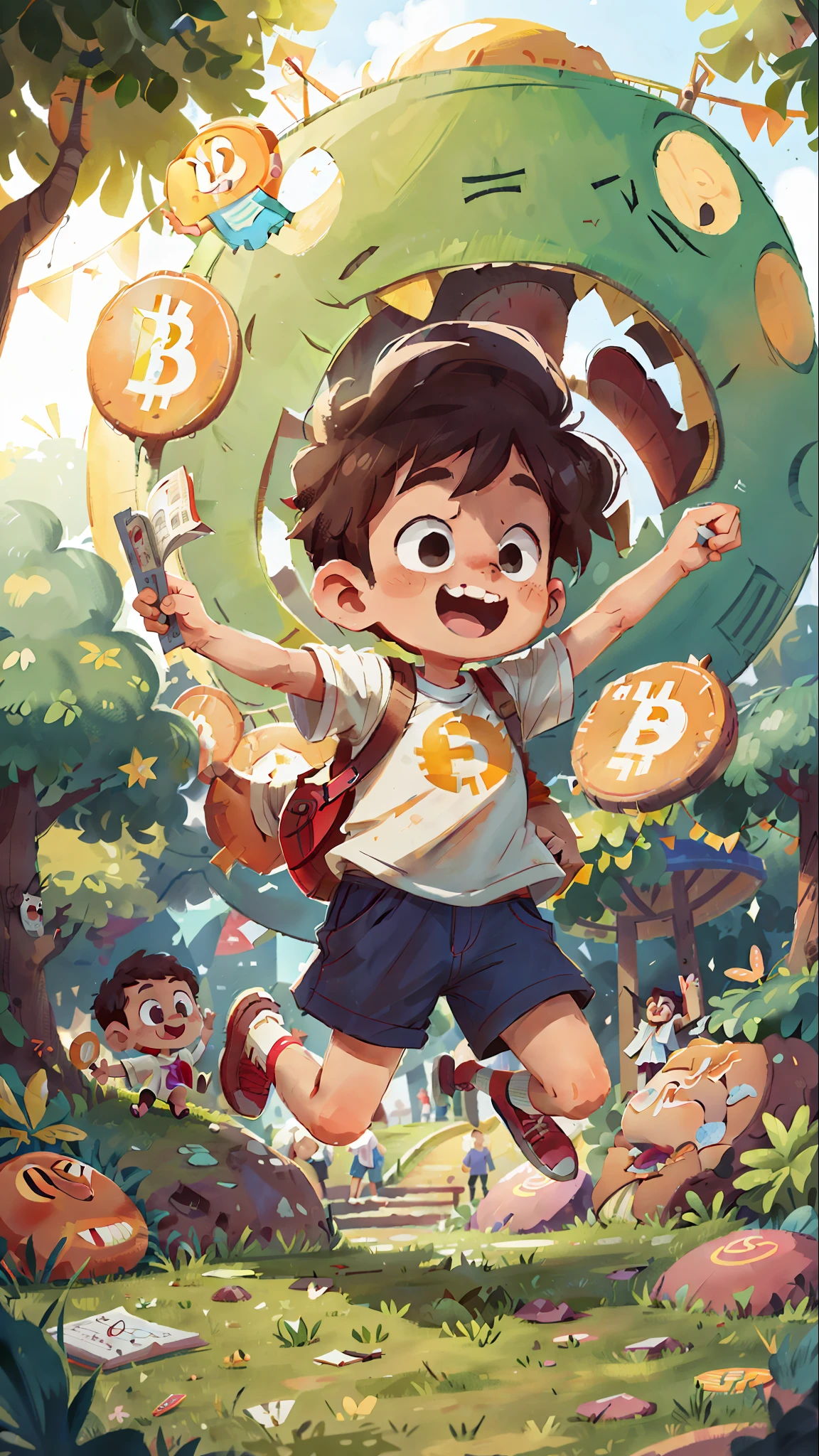 Poster making, Children's Day, in the amusement park, a little boy holding a glowing bitcoin logo cryptocurrency, happy, jumping, happy --v 6