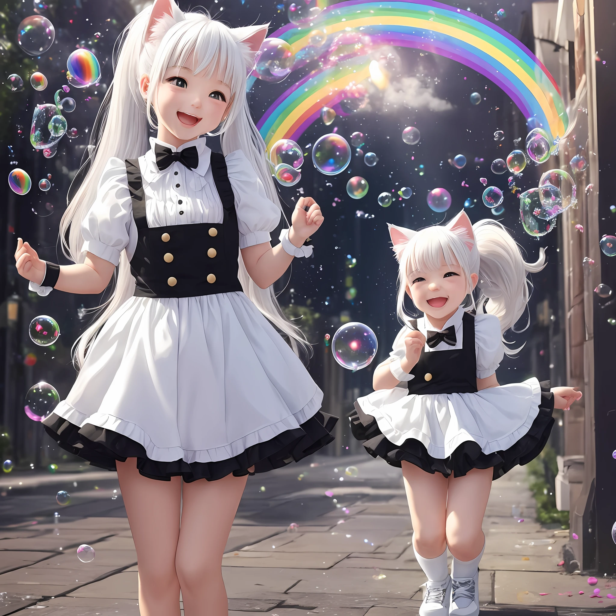 Kitty-cat Fluffy White Cat Black Cat,Fluffy Little Girl,Ponytail,Idol,Jumping,Burst of Laughter,Rainbow Soap Bubble --auto --s2