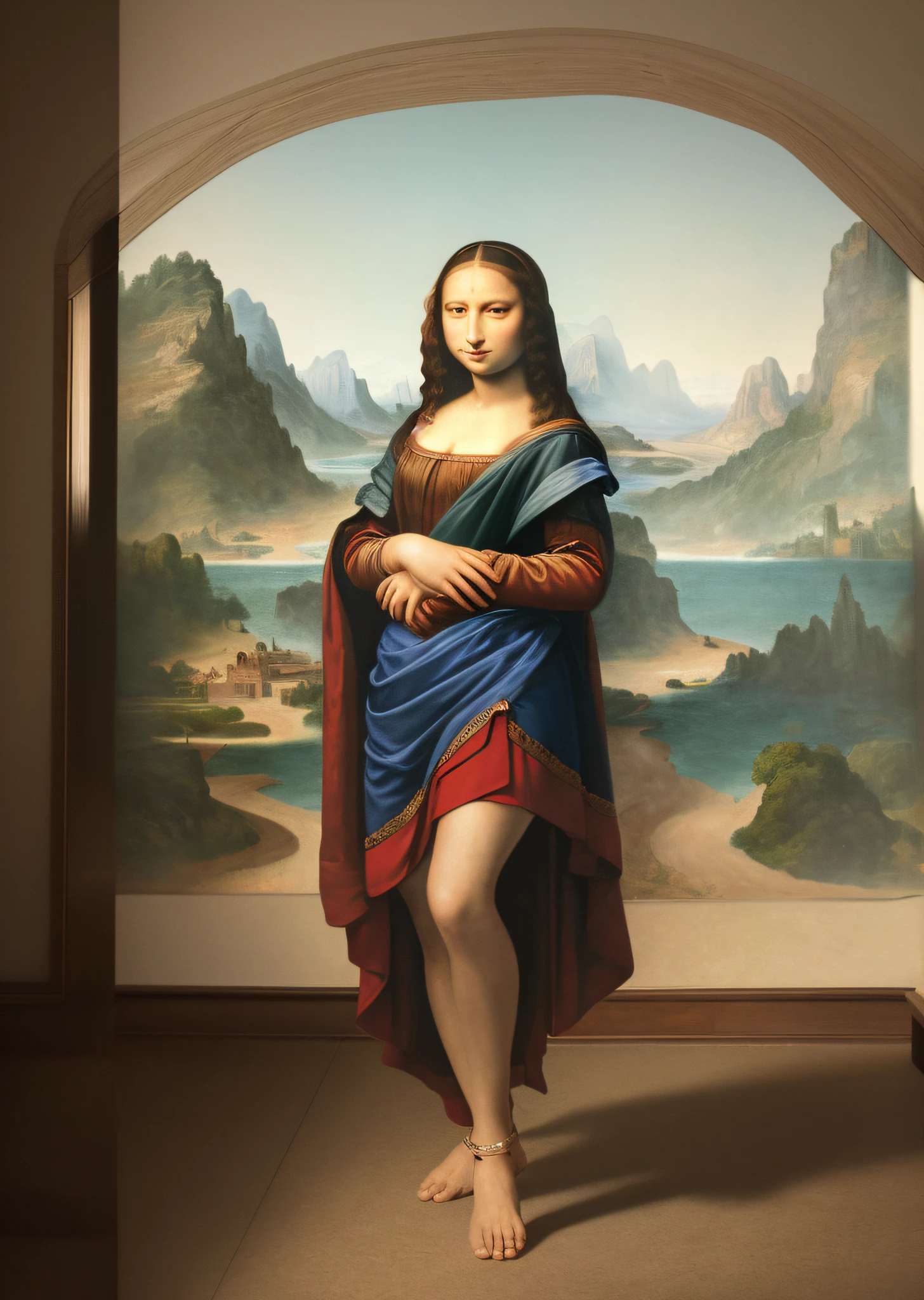 Mona Lisa and an off-the-top man walking, gentle expression, full body portrait, barefoot, light streaks falling from the sky, masterpiece, highest quality, high quality, highly detailed CG unit 8k wallpaper, award winning photo, bokeh, depth of field, HDR, flood, chromatic aberration, realistic, very detailed, art station trend, CGsociety trend, complex, high detail, dramatic, midway art, volumetric lighting