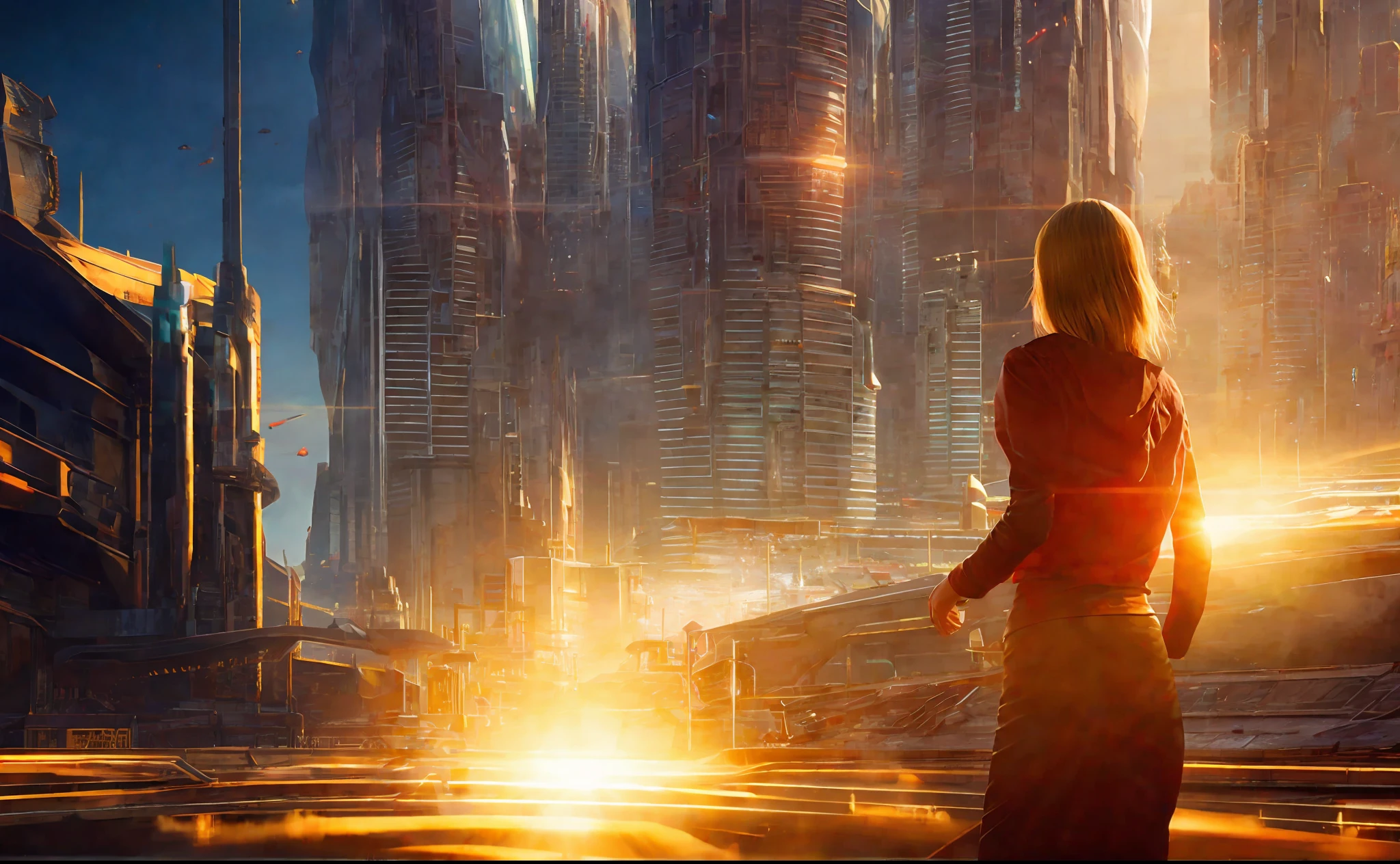 girl with boy on city background, style, Sidon, golden rays light, golden flashes, futuristic sci-fi city landscape, sci-fi, ultra-realistic, high resolution, city