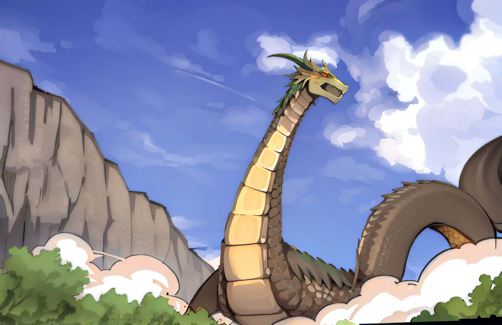 there is a dragon that is standing in the grass, curved horned dragon!, colossal dragon in background, jormungand anime, jormungandr, dragon tailed, colossal dragon as background, dragon tail, giant dragon flying in the sky, giant snake, i just saw a huge dragon, great mystical winged serpent, shenron, king ghidorah