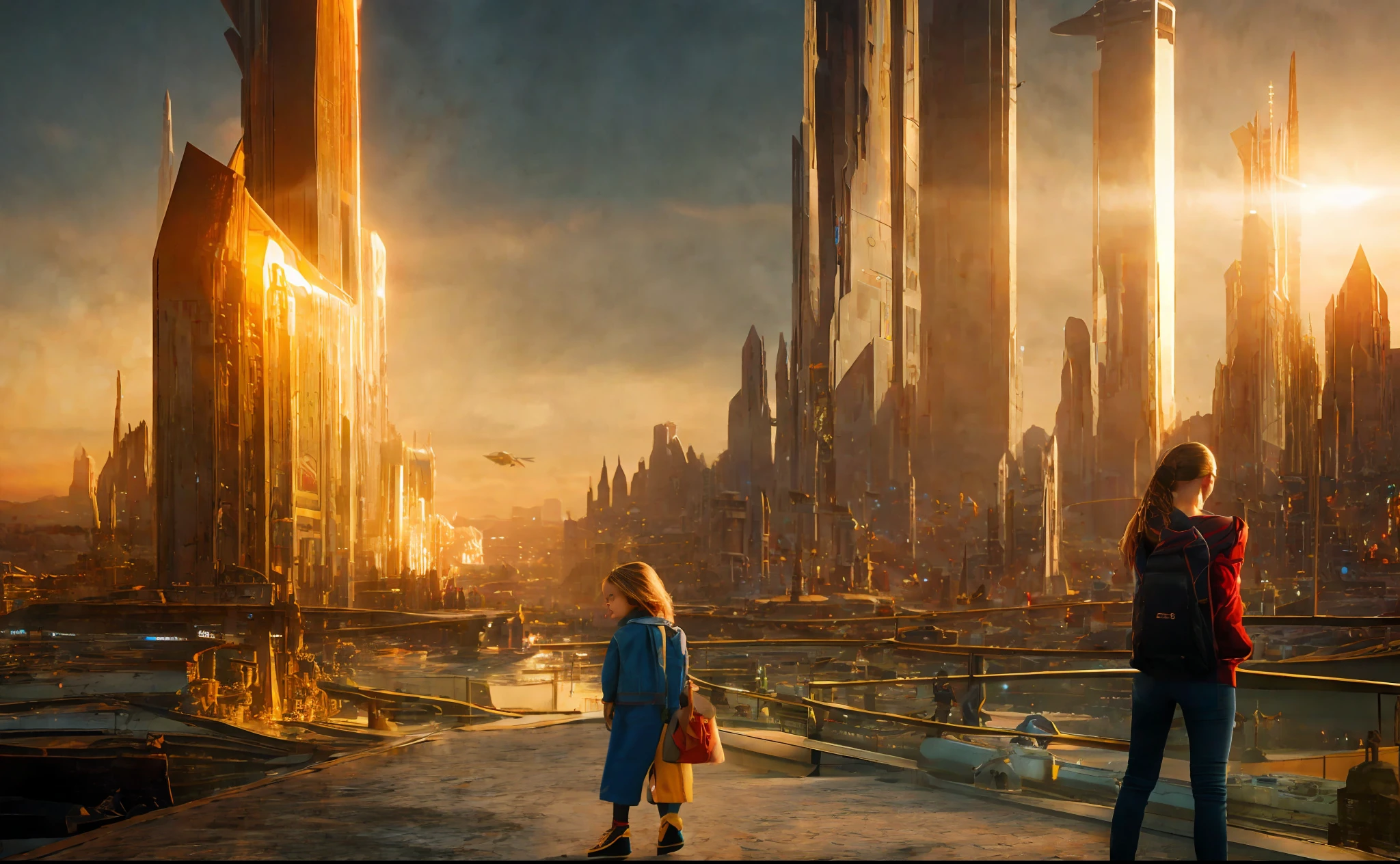 girl with boy on city background, style, Sidon, golden rays light, golden flashes, futuristic sci-fi city landscape, sci-fi, ultra-realistic, high resolution, city