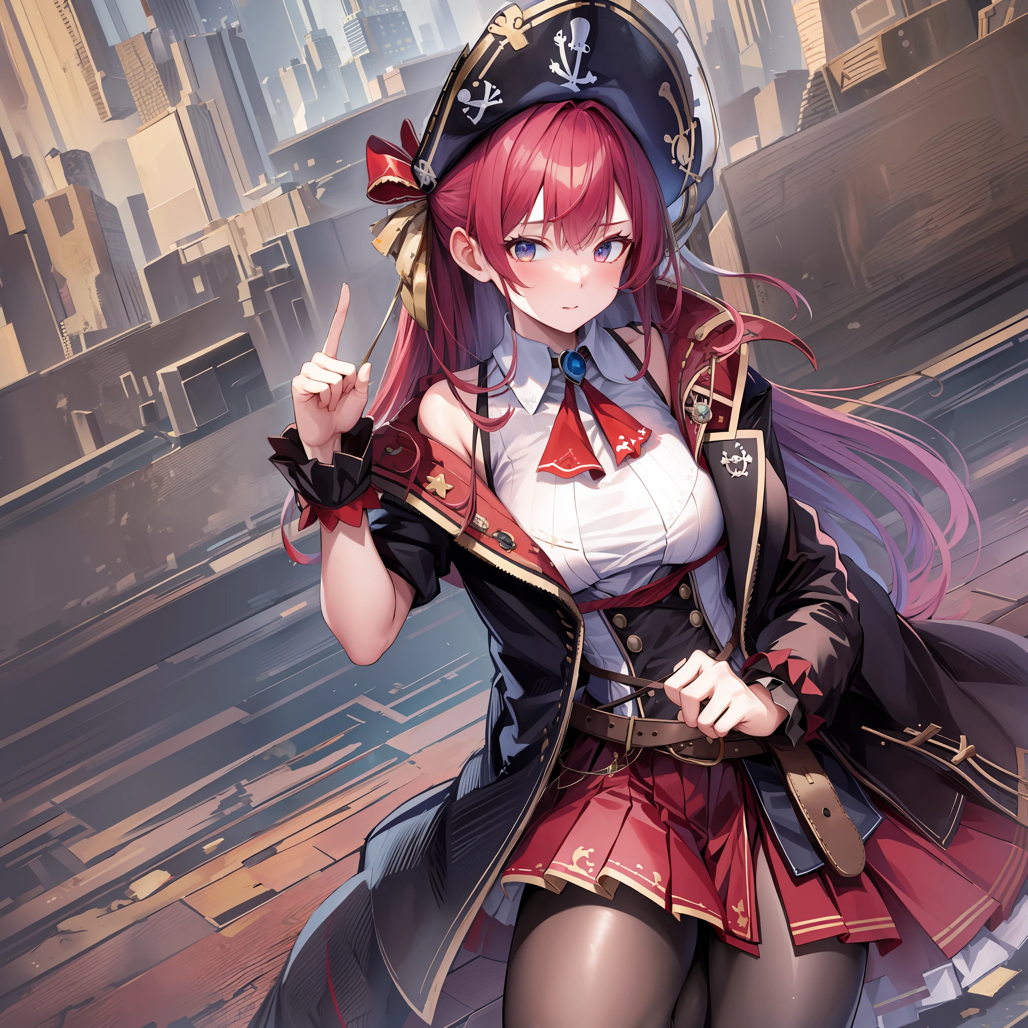 ((Masterpiece)), (Best Quality),marine_pirate, hair ribbon, red ascot, red skirt, belt, leotard under clothes, sleeveless, black coat, pirate hat, (NSFW: 2.0), Full Body, Solo