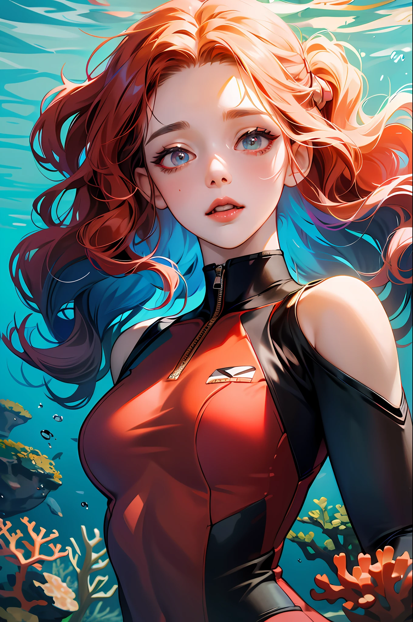 absurdres, highres, ultra detailed, 1girl, solo, extremely detailed eyes, multicolored hair, curly hair, coral eyes, , Diving_underwater_to_view_marine_life,, heavy breathing (panting)