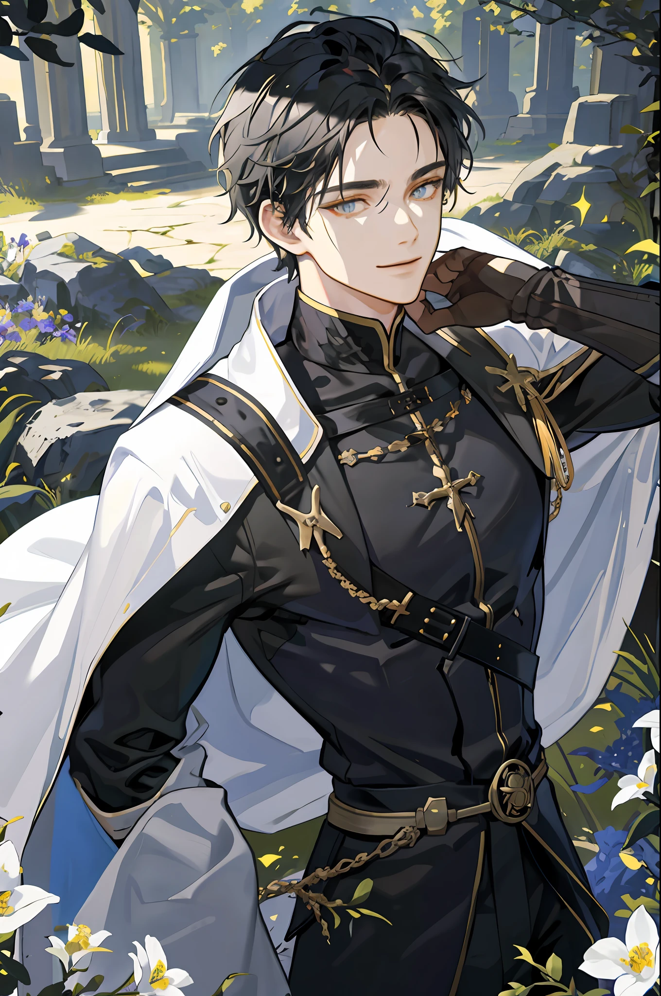 ((Masterpiece: 1.2, best quality)), 2 men, old man, nice middle, muscular, valiant, strong, black knight, golden eyes, short black hair, uniform, white robe, scar on right eye, black armor, fantasy, forest, blooming flowers, sunlight, fantastic light and shadow, landscape, highly detailed face, portrait, smile