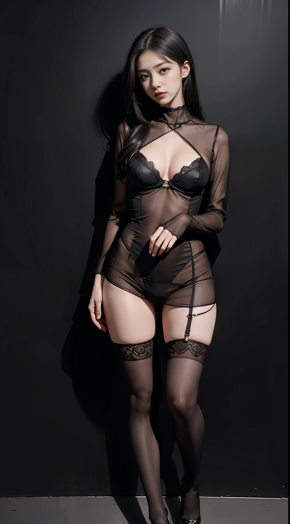 Girl in sheer suit poses for photo, full body portrait, black stockings, bra, M-shaped legs, legs open