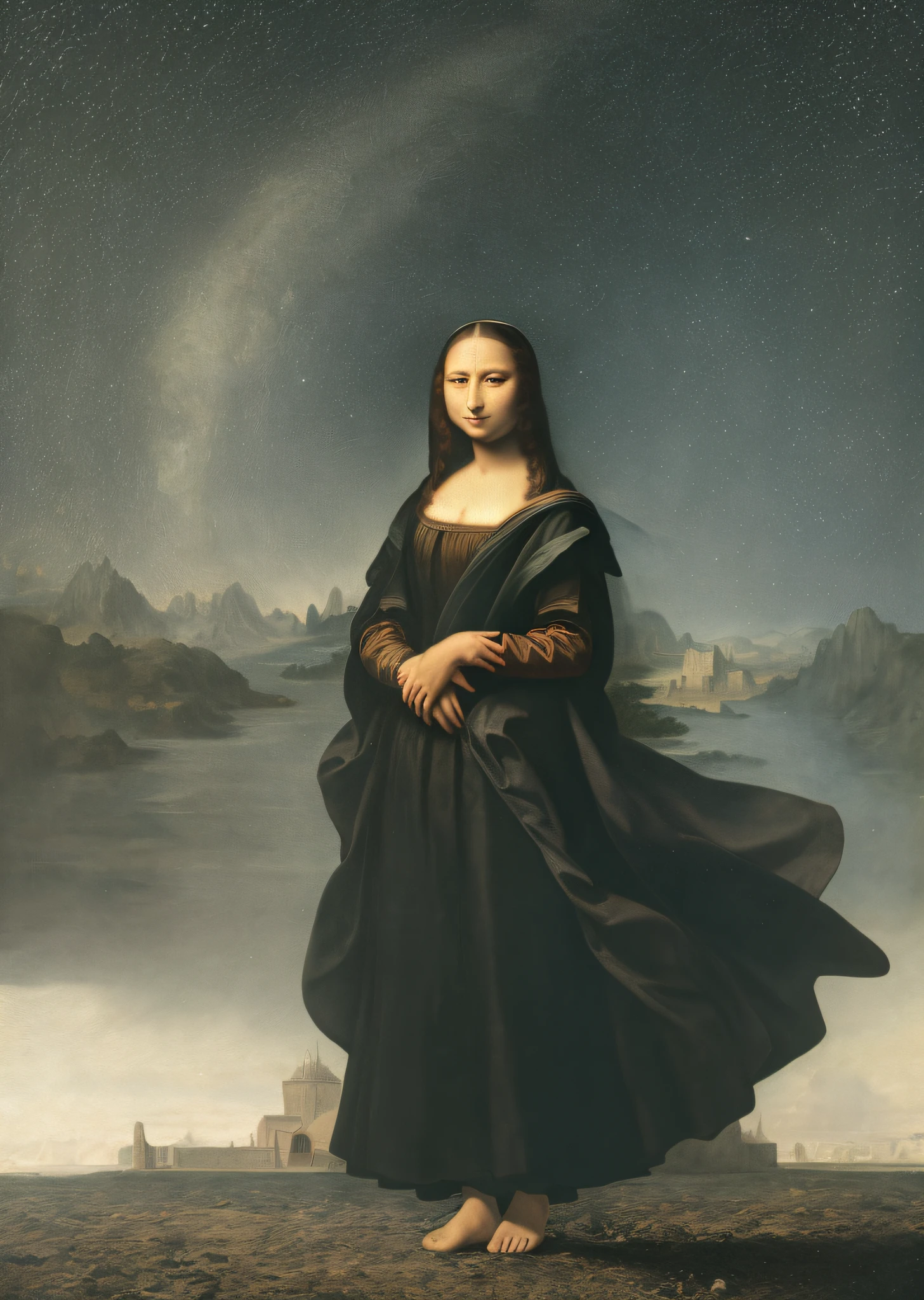 Mona Lisa and an off-the-top man walking, gentle expression, full body portrait, barefoot, light streaks falling from the sky, masterpiece, highest quality, high quality, highly detailed CG unit 8k wallpaper, award winning photo, bokeh, depth of field, HDR, flood, chromatic aberration, realistic, very detailed, art station trend, CGsociety trend, complex, high detail, dramatic, midway art, volumetric lighting