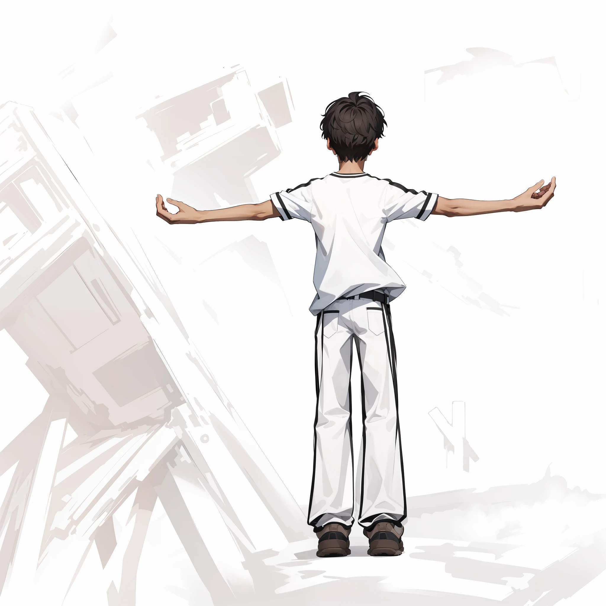 1boy, (ink primitive art: 1.2), (line art: 1.33), (best quality, masterpiece), superlative, teenage male, boy, boy, short hair, white skin, white shirt, trousers, muscle, petite, bright, clouds, wind, urban, colorful, outdoor, full body, back, simple background, black hair (beautiful detailed face, beautiful detailed eyes), hands relaxed,