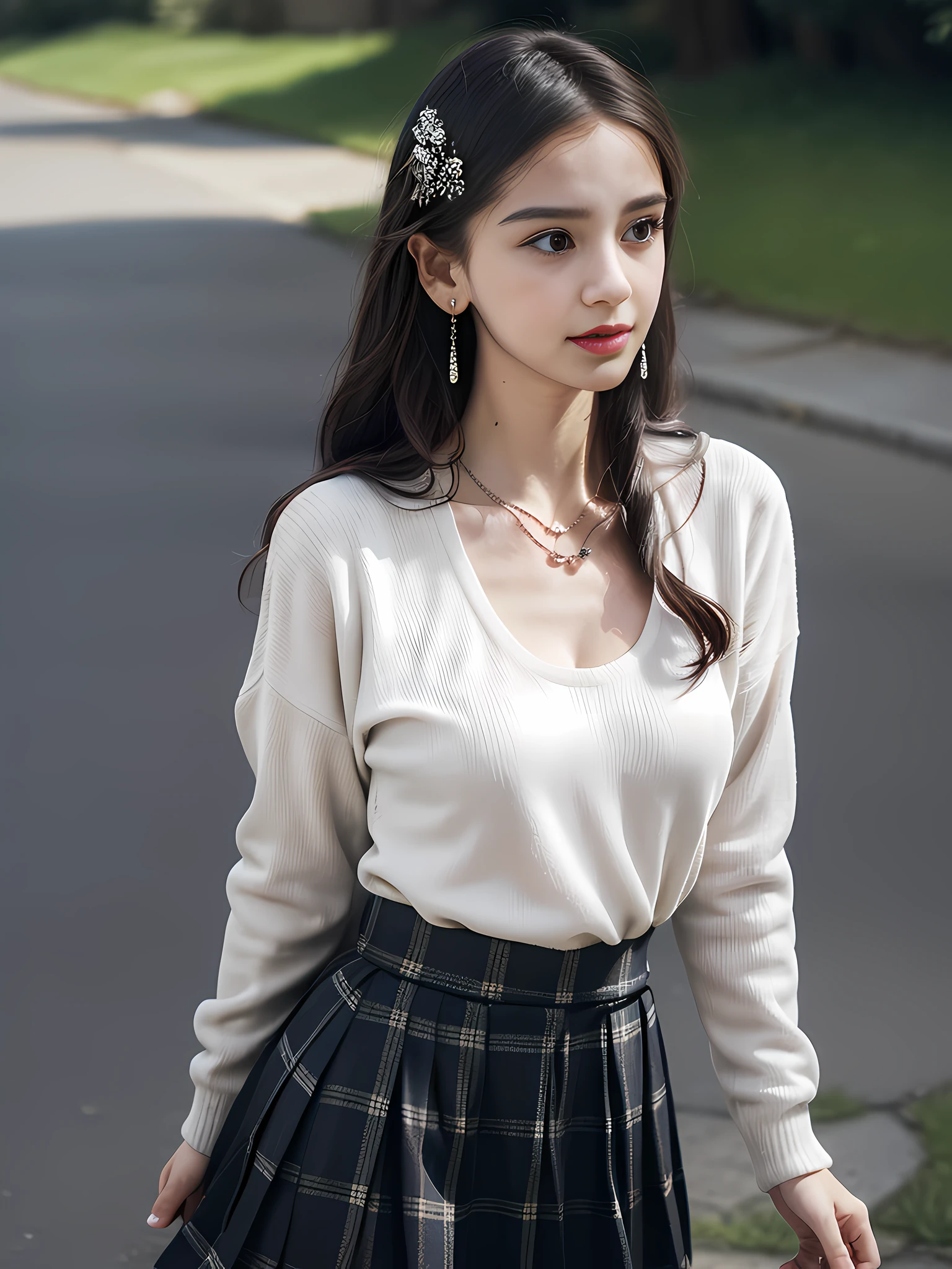 Best quality, masterpiece, (realistic: 1.4), 1 girl, poor breasts, small breasts, no one else in the background, from below, behind the arm, on the grass, plaid pleated skirt, white sweater, manicure, white sweater, cartoon bear design, pendant earrings