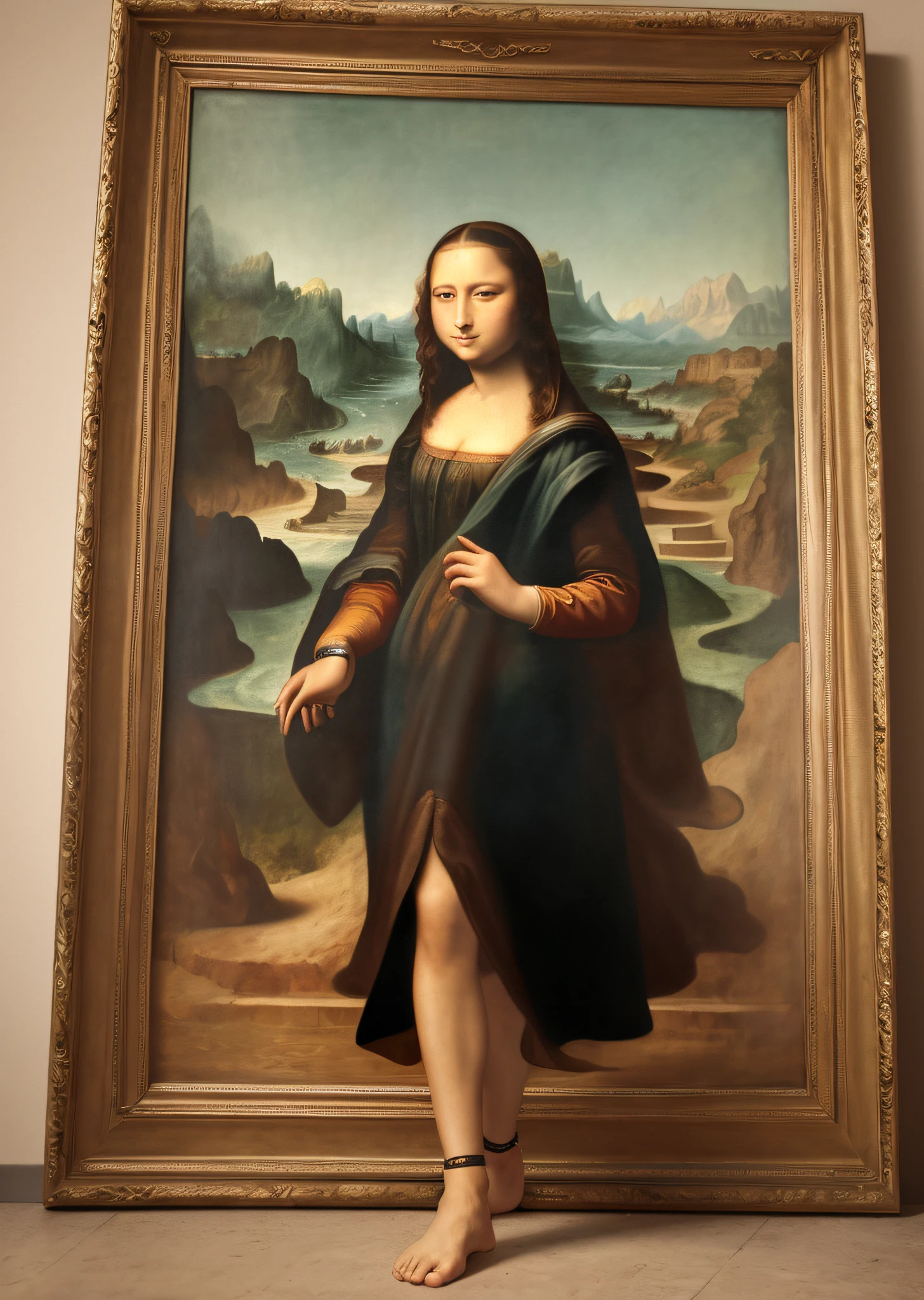 Mona Lisa and an off-the-top man walking, gentle expression, full body portrait, barefoot, light streaks falling from the sky, masterpiece, highest quality, high quality, highly detailed CG unit 8k wallpaper, award winning photo, bokeh, depth of field, HDR, flood, chromatic aberration, realistic, very detailed, art station trend, CGsociety trend, complex, high detail, dramatic, midway art, volumetric lighting