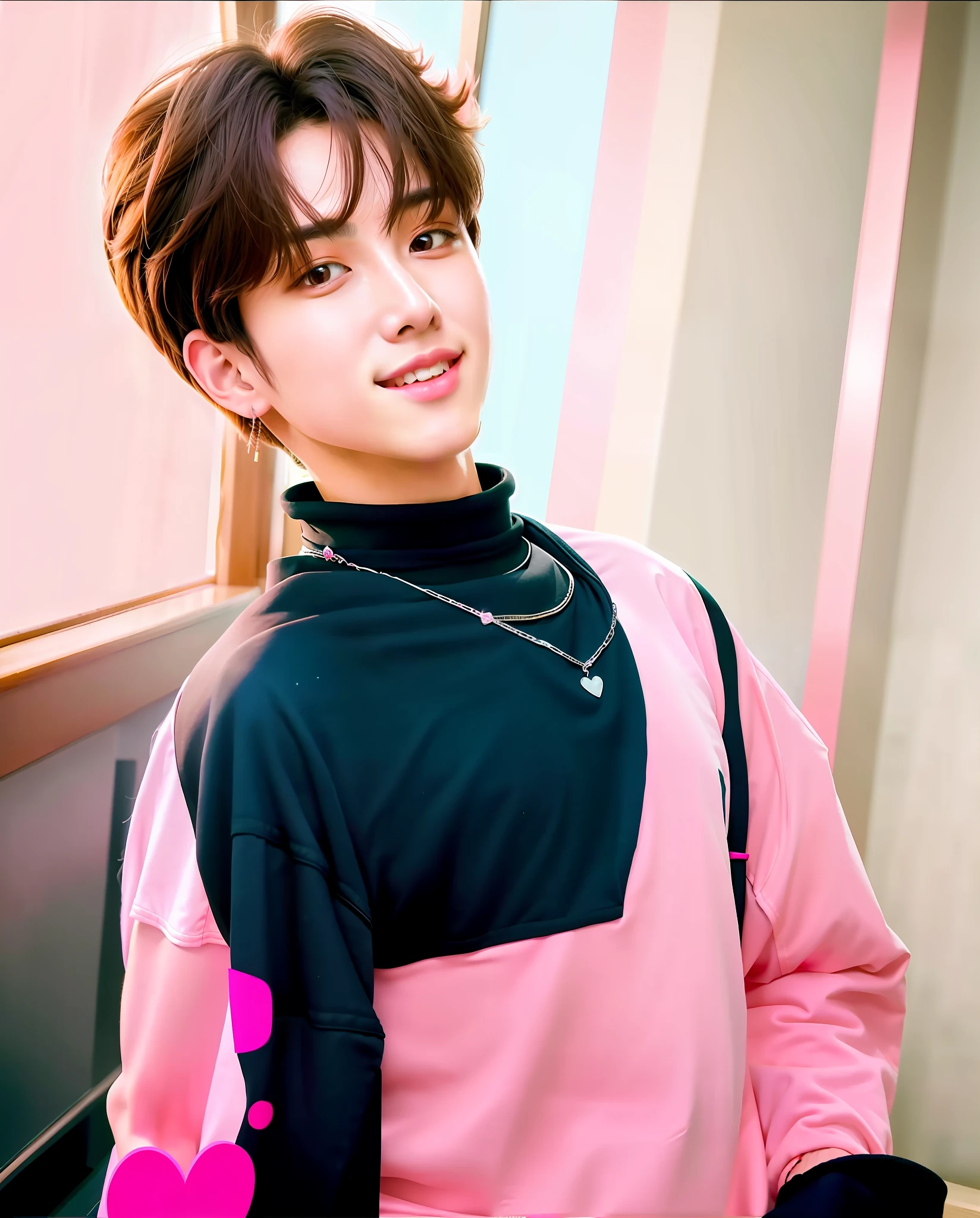 a young man with a pink outfit, Wearing pink clothes, with a black choker in His neck, kim doyoung, cute boy, 1boy,park Jimin, cai xukun, jinyoung shin, male ulzzang, hong june hyung, inspired by jeonseok lee, hyung tae, portrait of kpop idol, an adorable korean face, yanjun chengt, happy, heart symbol, 8k, 16k, raw photography, masterpiece, uhd, sexy smile, blush cheeks, male idol, flat chest, curly hair