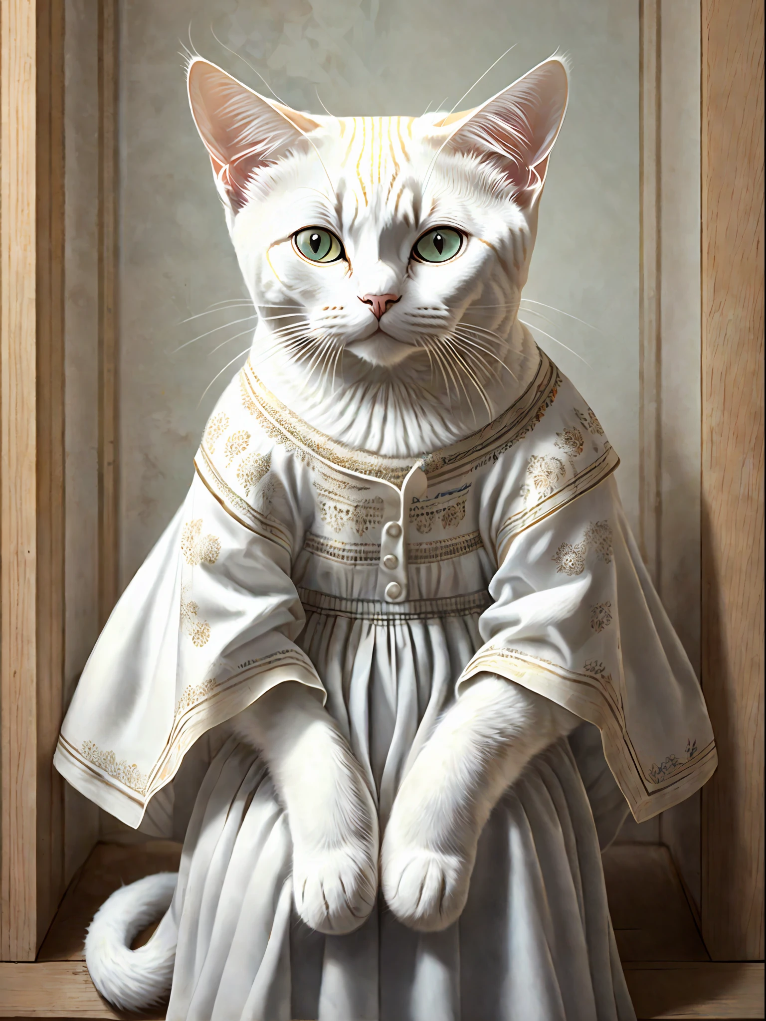 A white cat, cat in women's clothes, no human, hyper-detailed, photography, realism, photo style full of details