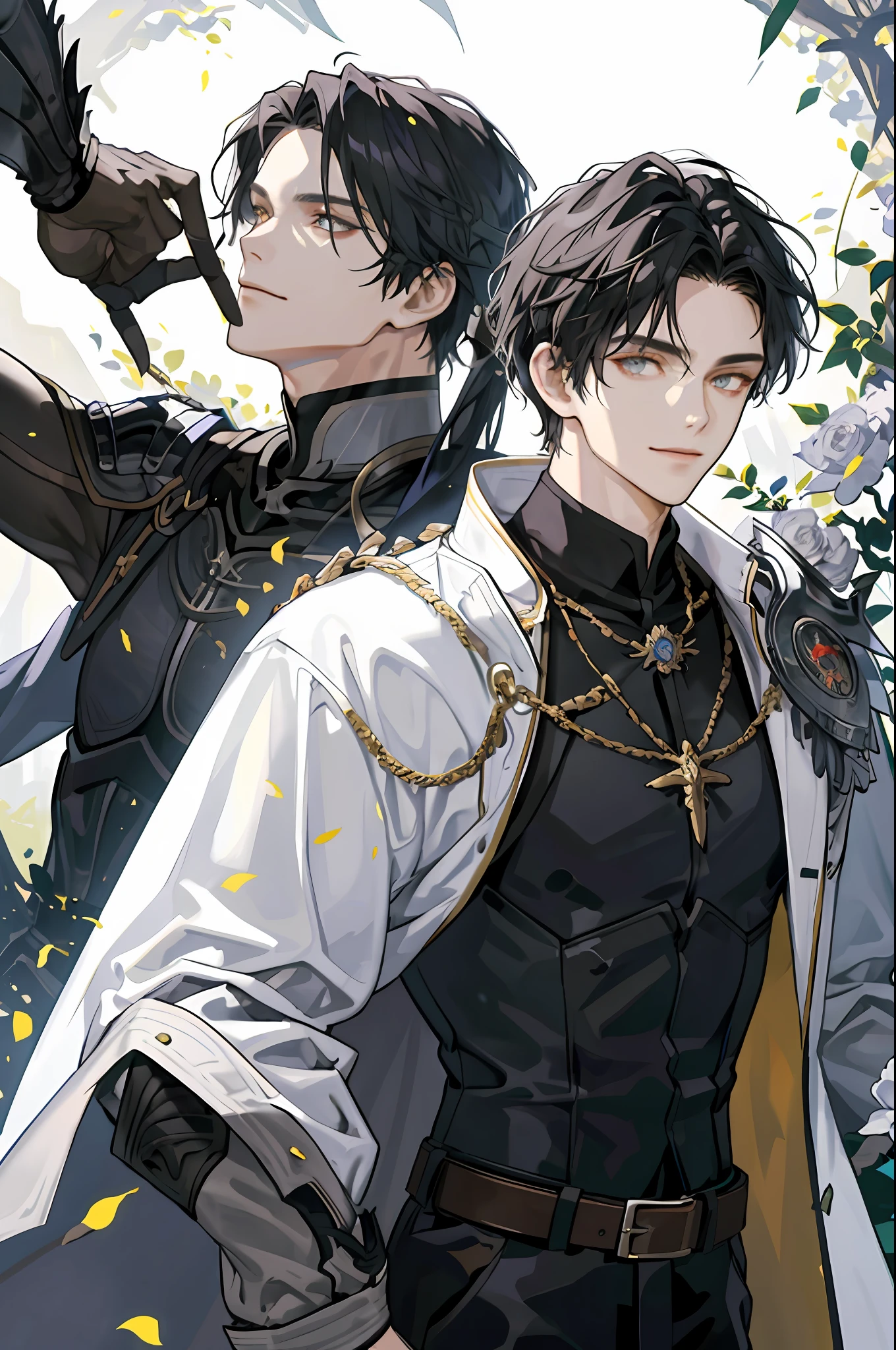 ((Masterpiece: 1.2, best quality)), 2 men, old man, nice middle, muscular, valiant, strong, black knight, golden eyes, short black hair, uniform, white robe, scar on right eye, black armor, fantasy, forest, blooming flowers, sunlight, fantastic light and shadow, landscape, highly detailed face, portrait, smile