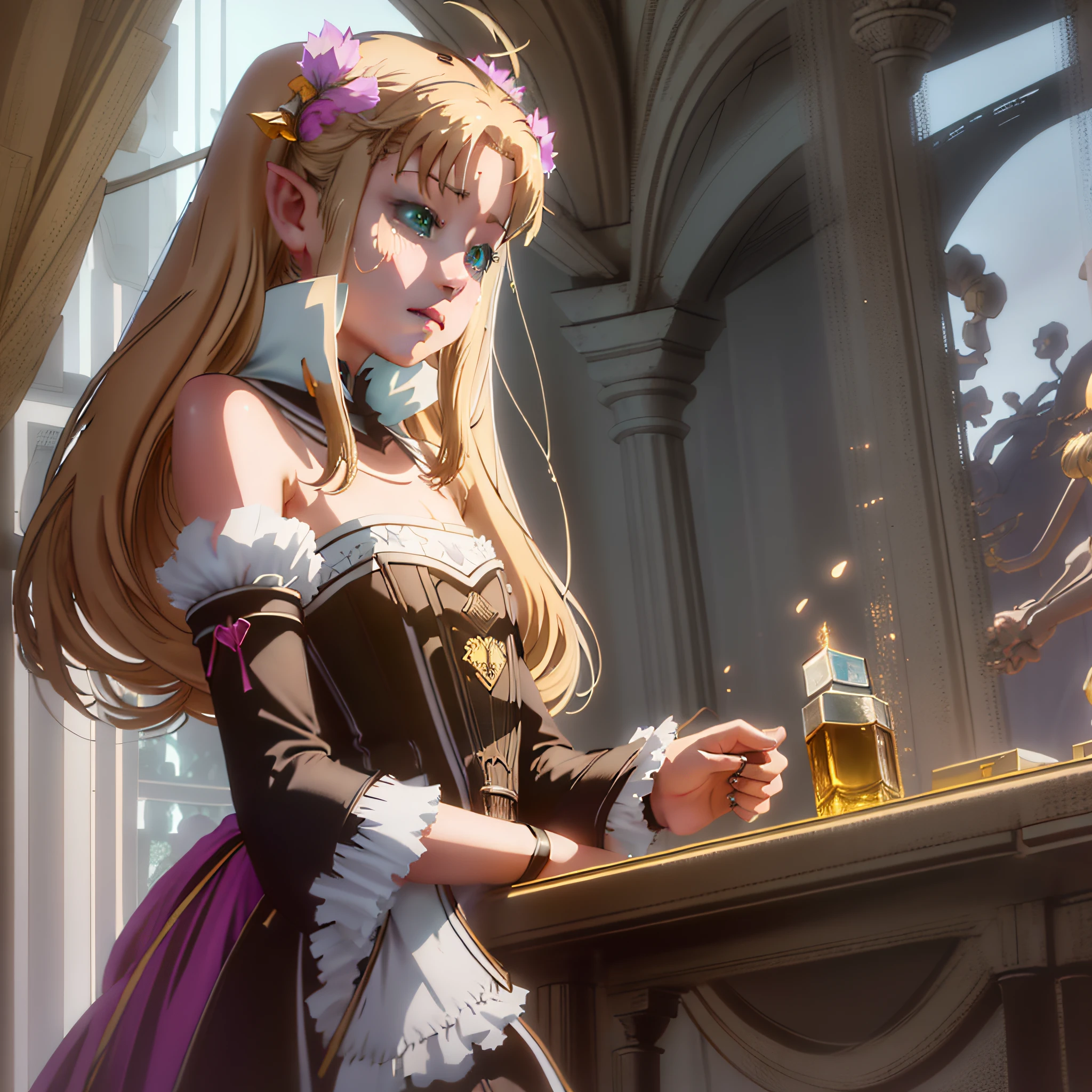Fine, 4K, Best Light and Shadow Details, Best Character Details, Best Face Details, Best Architectural Details, Movie Quality, Fifth Personality Mobile Game, Beautiful and Beautiful Perfumer Standing in the Manor Ready to Enter, The Perfumer Wearing a Gorgeous and Solemn Long Dress, a solemn look at the Manor, close-up of the shot,