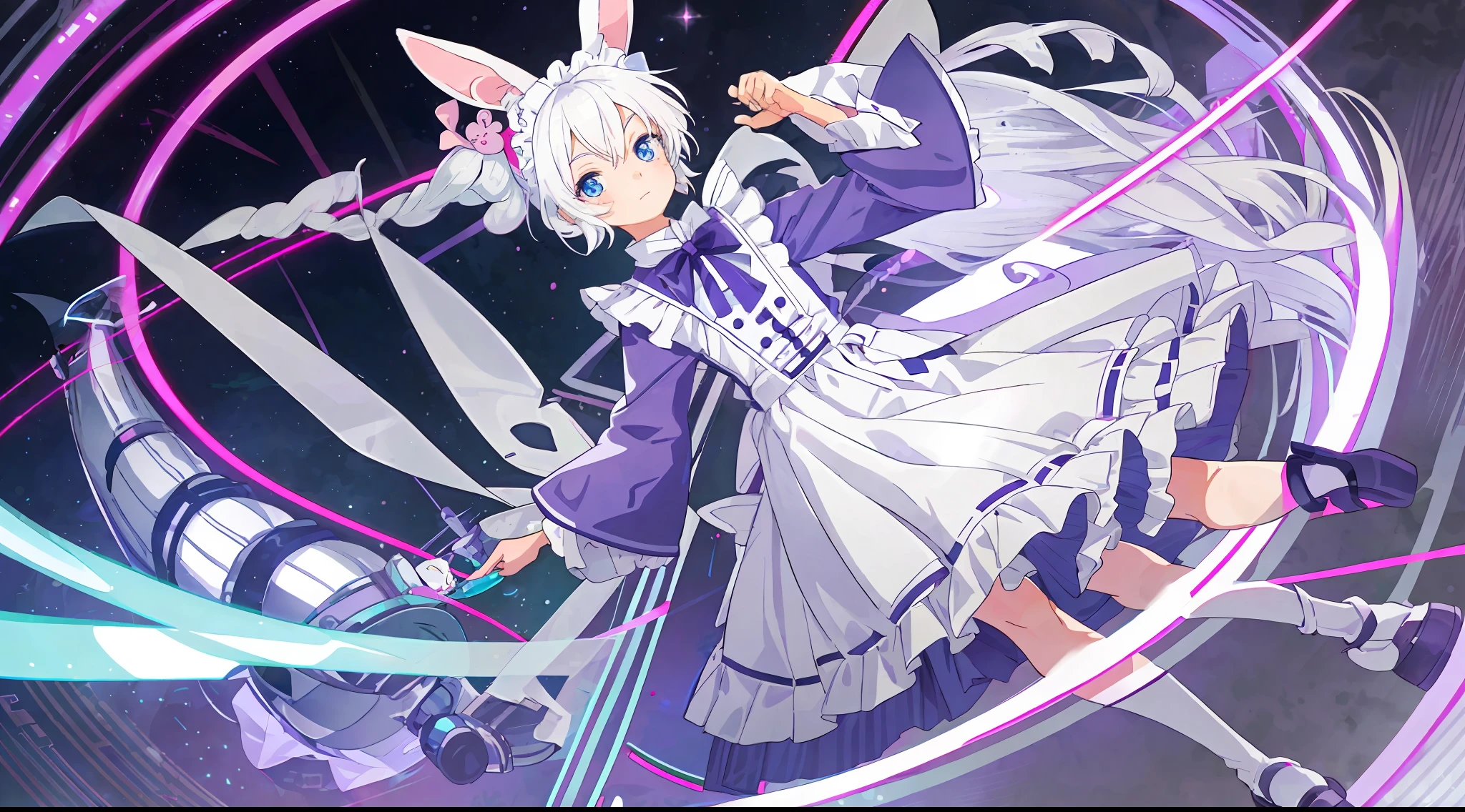 (Best Quality Illustration: 1.2), (Kawaii Boy: 1.0), Maid Outfit, Loli Dress, White Hair, Cute, Anime, White Hair, Boy, Purple Eyes, Hermaphroditic, Blue Eyes, Tall, Male Anime Characters, White Rabbit, Rabbit Ears, Cute (Super Detailed, High Resolution: 1.0), Reference Table