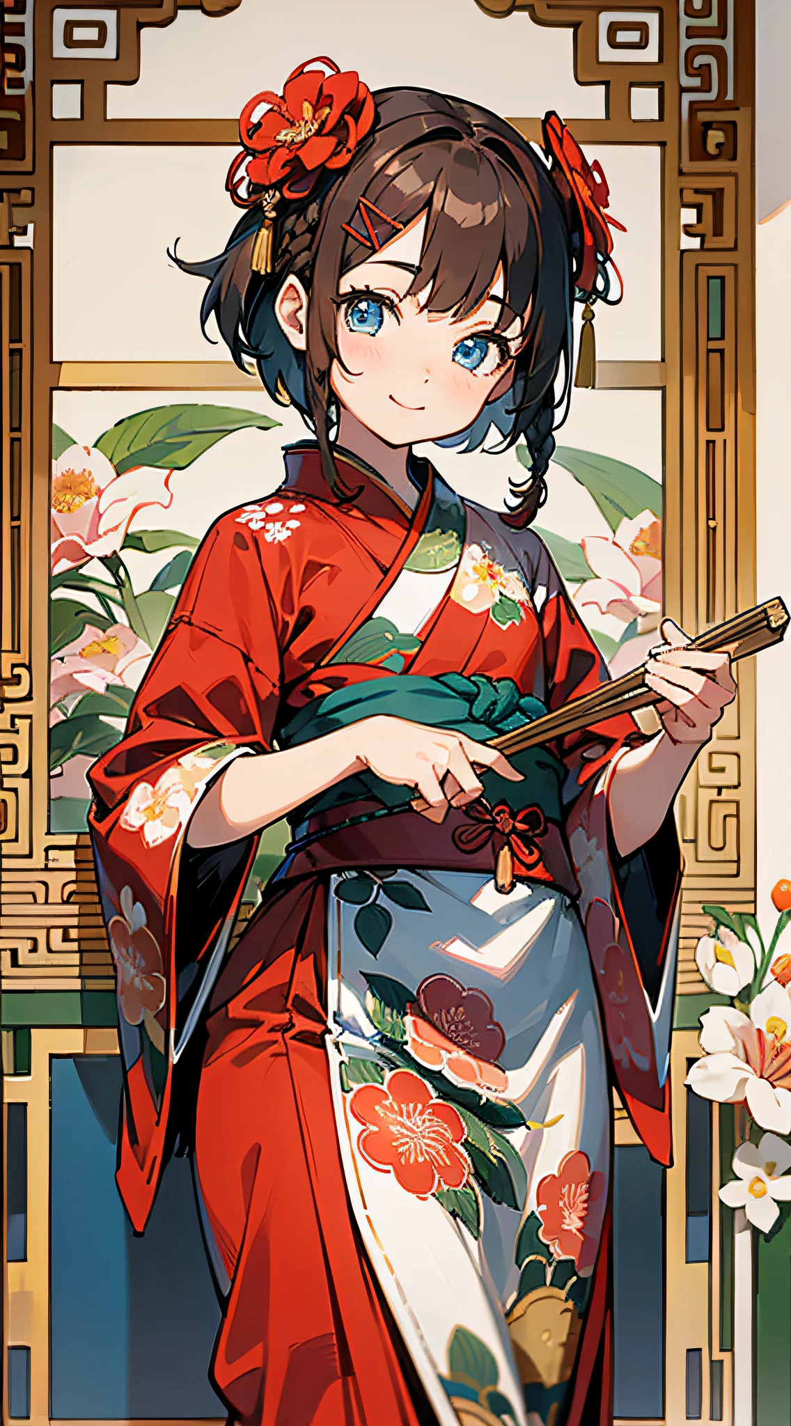 Masterpiece, super-high-resolution, cute girl, half-body, Chinese ancient style, short brown hair, red kimono, flowing short hair, braids, flower embellishments, blue eyes, hairpins, cute little loli, cute cute cute, thick painting, gentle smile, holding a fan