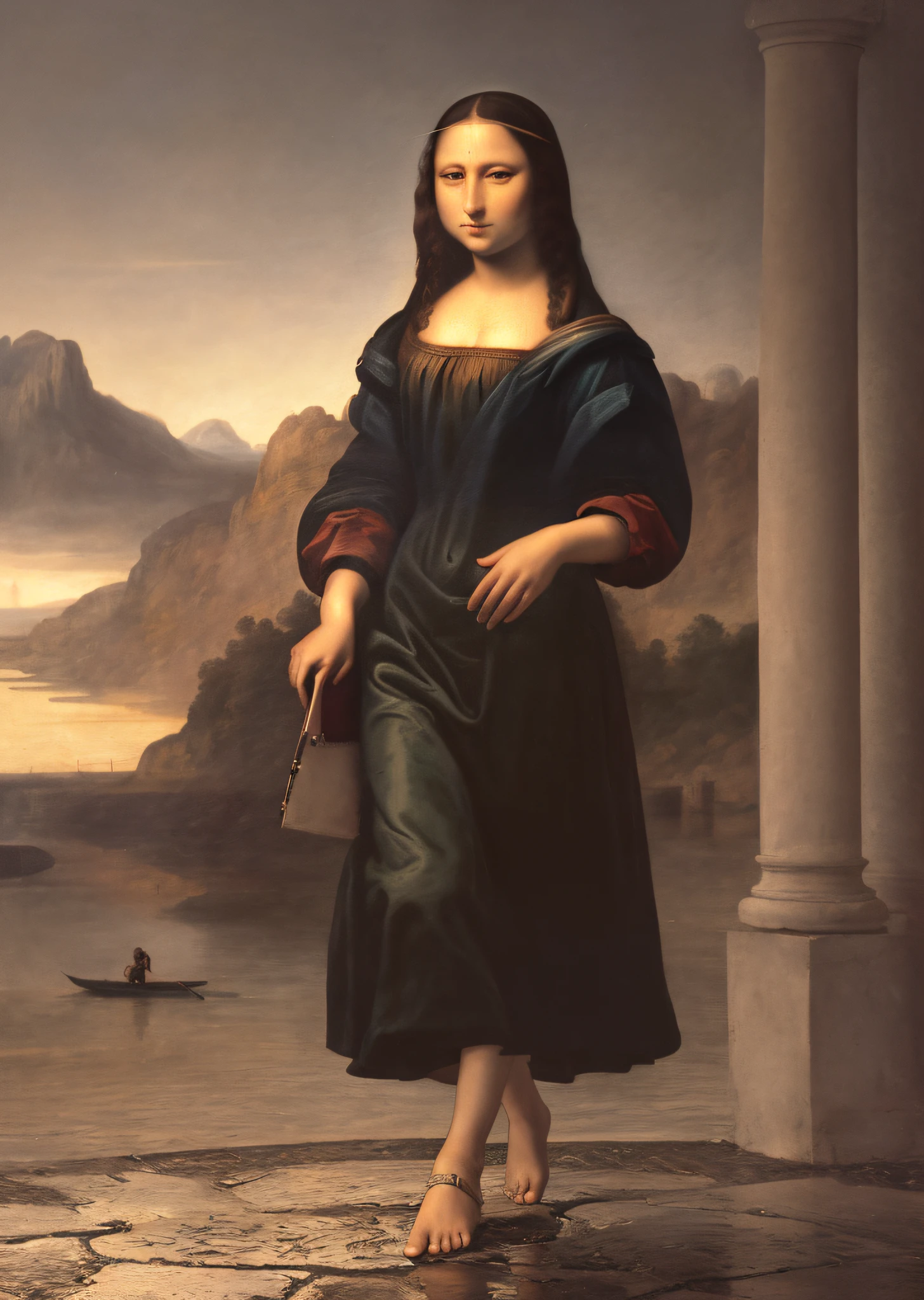 Mona Lisa and an off-the-top man walking, gentle expression, full body portrait, barefoot, light streaks falling from the sky, masterpiece, highest quality, high quality, highly detailed CG unit 8k wallpaper, award winning photo, bokeh, depth of field, HDR, flood, chromatic aberration, realistic, very detailed, art station trend, CGsociety trend, complex, high detail, dramatic, midway art, volumetric lighting
