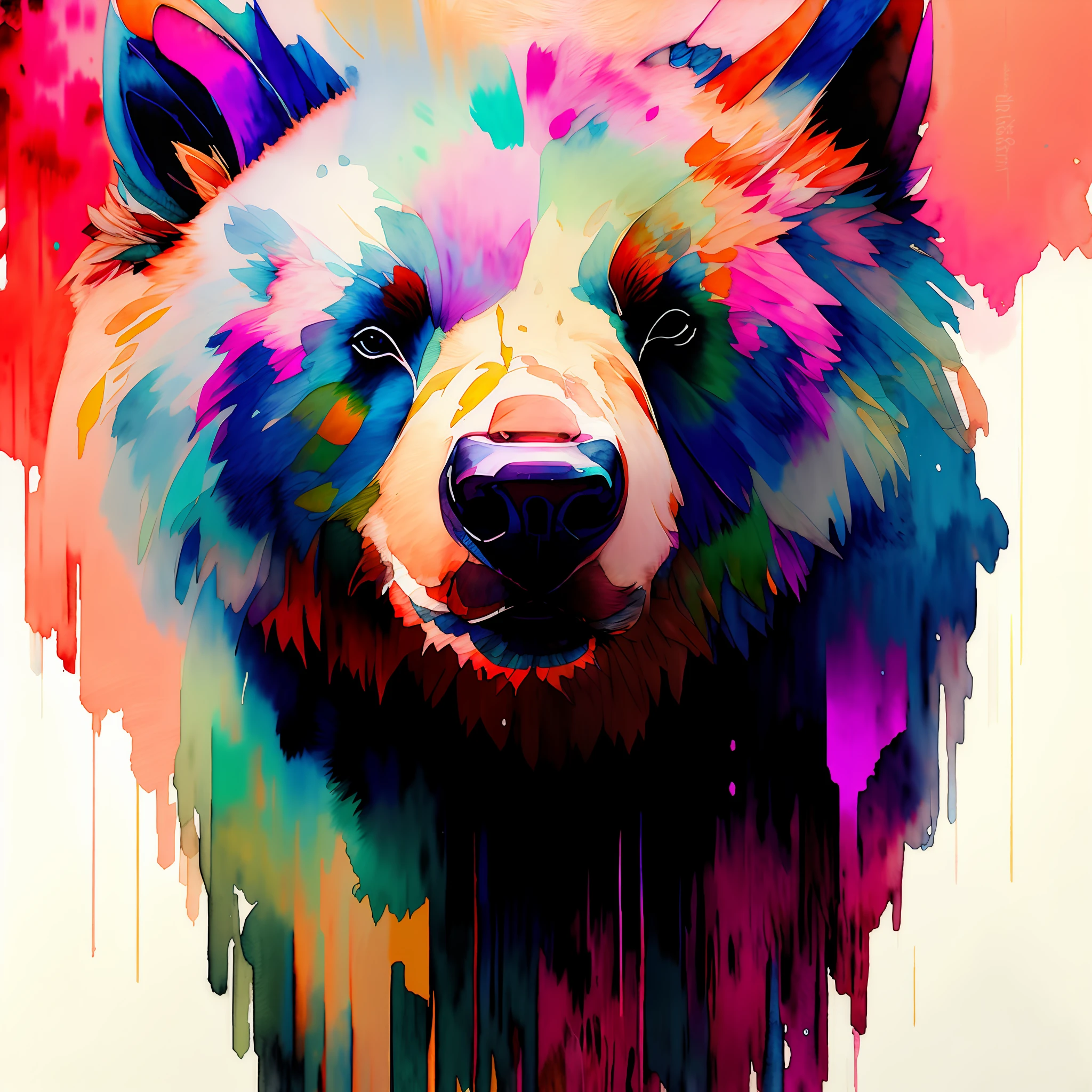 wtrcolor style, (bear character) digital art, official art, front, smile, masterpiece, beauty, ((watercolor)), face painting, paint splash, intricate details. Very detailed, detailed eye, [dripping:0.5], trends on Artstation, Rachel Walker