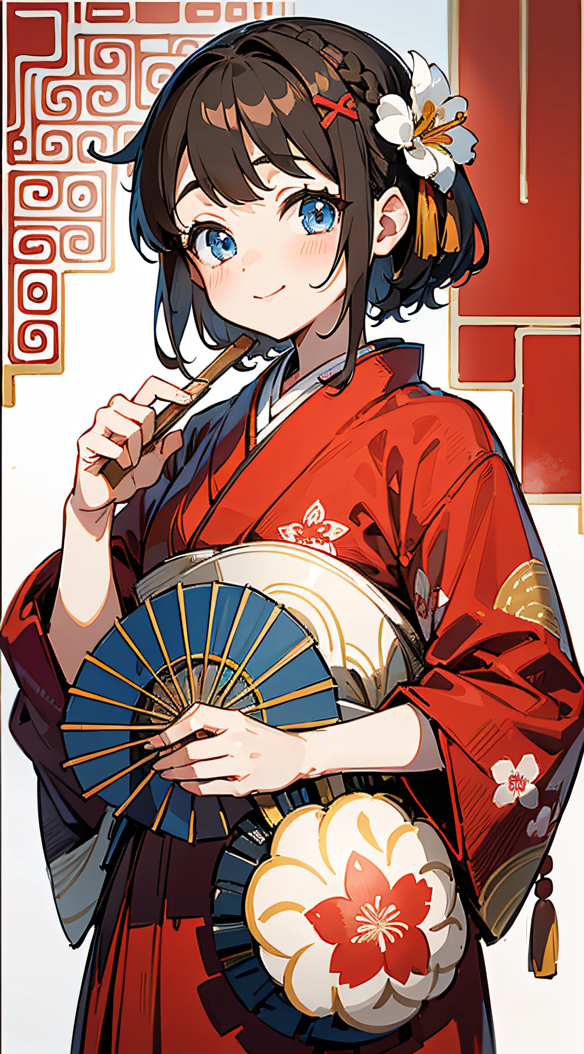 Masterpiece, super-high-resolution, cute girl, half-body, Chinese ancient style, short brown hair, red kimono, flowing short hair, braids, flower embellishments, blue eyes, hairpins, cute little loli, cute cute cute, thick painting, gentle smile, holding a fan