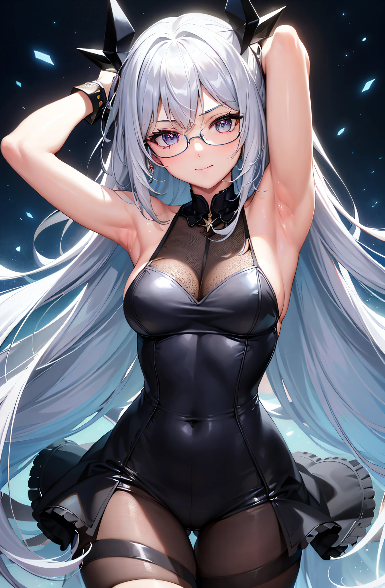 (((arms, armpits))), frontal, ((embarrassing)), small breasts, (photorealistic: 1.4), (RAW photos: 1.2), masterpiece, illustration, very_high_realistic:1.5,very_high_resolution:1.5, 1 girl, HDR, CG, unity, 8k wallpaper, amazing, fine details, official art, Highly detailed CG Unity 8k wallpaper, highest quality, ((night city background)), especially strong light, absurdity, incredibly absurd, super detailed, close-up portrait photo, high resolution, very detailed, very delicate and beautiful, intricate details, facial muscles, beautiful detailed girl, natural makeup, very detailed eyes and face, beautiful detailed eyes, shiny eyes, balanced eyes, Symmetrical pupils, highly detailed blue tinted glasses, (Thin silver frame glasses: 1.1), Highly detailed pupils, facial light, Movie lighting, Professional lighting, Photon mapping, Radiosity, Physically Based Rendering, Solo Focus, Sharp Focus, (Close-up: 1.1), Beautiful studio soft lights, rim lights, vivid details, (Silver hair: 1.2), ( Fair Skin: 1.1), White Skin, (Beautiful Korean Woman), (Eyelashes: 1.1), (Teasing Smile: 1.1), (Point of View), (View Audience: 1.4), Very Delicate and Beautiful, Hyper-Realistic, Official Art、、、 Huge File Size, (Short Sleeves: 1.1), Cute, (aegyo Sal: 1.1), Puffy Eyes,