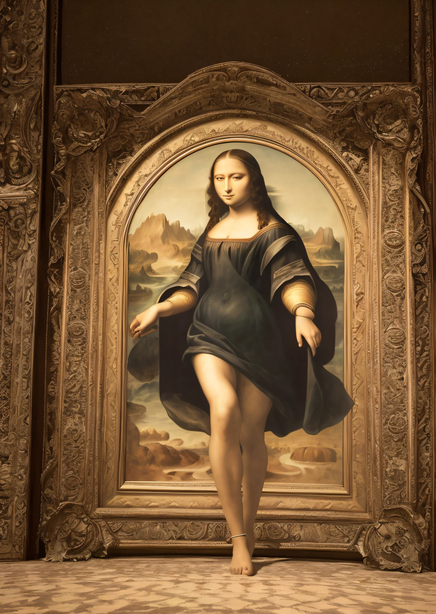 Mona Lisa and an off-the-top man walking, gentle expression, full body portrait, barefoot, light streaks falling from the sky, masterpiece, highest quality, high quality, highly detailed CG unit 8k wallpaper, award winning photo, bokeh, depth of field, HDR, flood, chromatic aberration, realistic, very detailed, art station trend, CGsociety trend, complex, high detail, dramatic, midway art, volumetric lighting