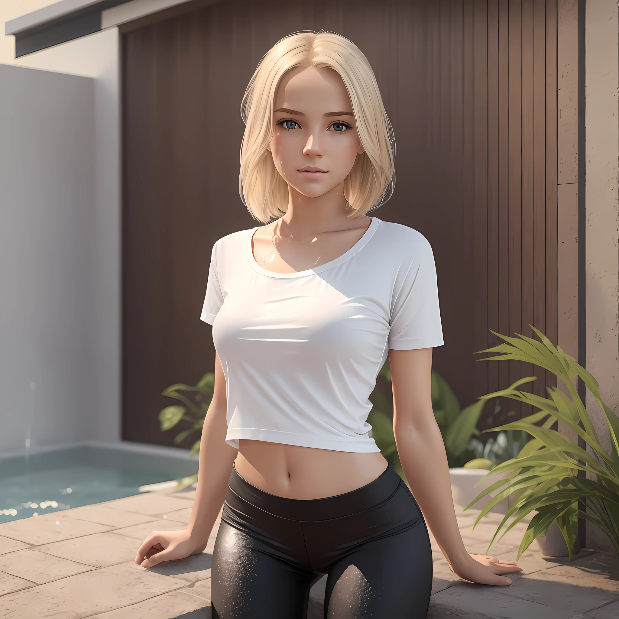 Create a photo realistic young woman with blonde hair (length until her shoulders). She wears a white t-shirt, round neck, long fit and short sleeves, without a bra, and she also wears tight black leggings. She is showering outdoors, making the t-shirt dripping wet and therefore becomes transparent. --auto --s2