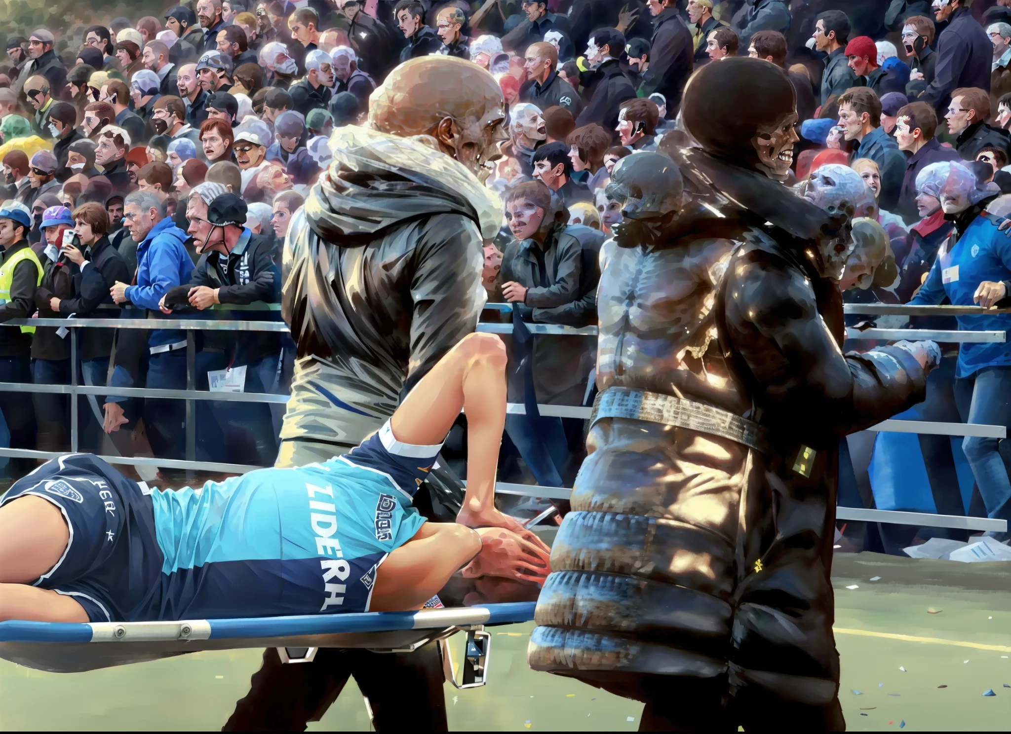 there is a man on a stretcher being carried by a crowd, injured, by Christen Dalsgaard, inspired by Ruud Janssen, very sad, edited, sickly, by Jesper Knudsen, by Christen Købke, soccer players martin ødegaard, over-shoulder shot, by Jonas De Ro, hurt, ouch