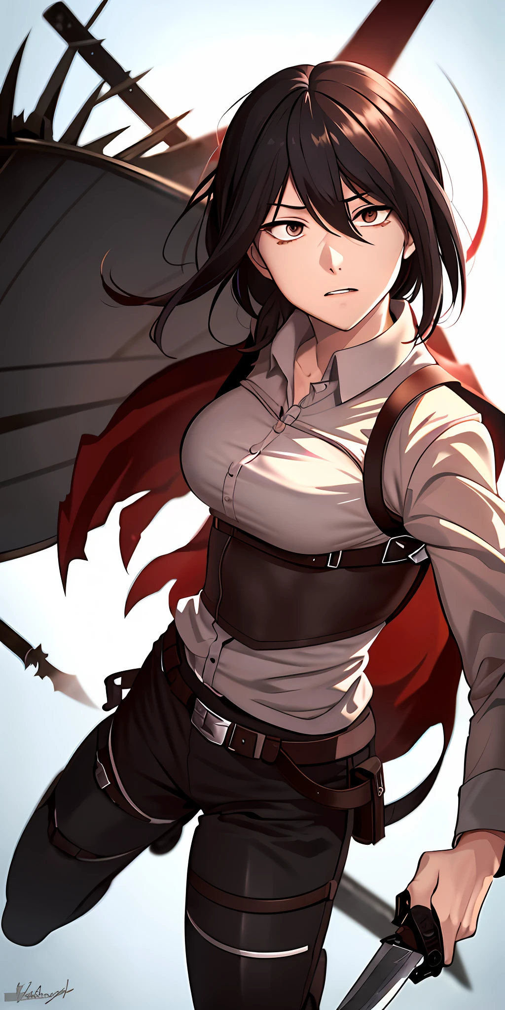 Mikasa Ackerman attacking Titans with her flying 3D cables and knife: Mikasa Ackerman launches herself into the air with her 3D cables, soaring high above the Titan-infested landscape. With her knife at the ready and her face set in a look of fierce determination, Mikasa prepares to unleash a devastating attack on the Titans below.As she comes in for the kill, Mikasa's 3D cables whip through the air, propelling her forward with incredible speed and agility. With each movement, her blade flashes in the light, glinting with deadly intent as she slashes through the Titans with incredible precision and skill.
As the battle rages on, Mikasa's face remains a study in focus and determination, her eyes fixed firmly on the task at hand. With each Titan she takes down, her confidence grows, and she becomes even more determined to protect humanity from the Titan threat. Mikasa's incredible strength, skill, and agility are on full display, showcasing why she is such an iconic and beloved character in the world of Attack on Titan. Whether soaring high above the Titans with her 3D cables or diving into the fray with her trusty knife, Mikasa is a force to be reckoned with, a fierce warrior and protector of humanity in the face of even the greatest of challenges.