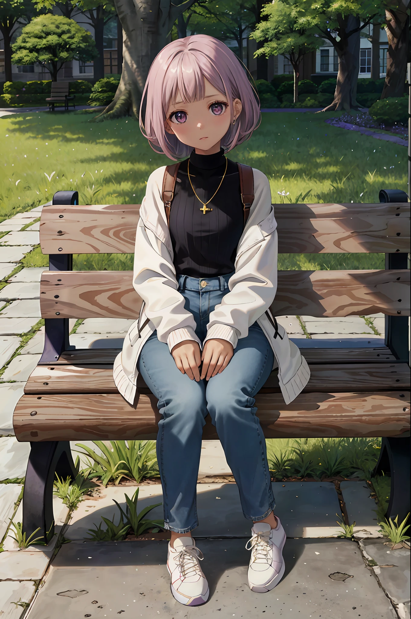 Ray Tracing,Global Illumination,3girl,chibi:1.49, wisteria_purple large eyes, brown, buzz cut,envious _face,light dark skin,flat chest,thick thighs,, High-waisted_denim_mom_jeans, white_turtleneck_sweater, camel_coat, white_sneakers, layered_gold_necklaces, and_a_black_leather_backpack, , Grassy_area_with_trees_and_benches, looking at viewer,