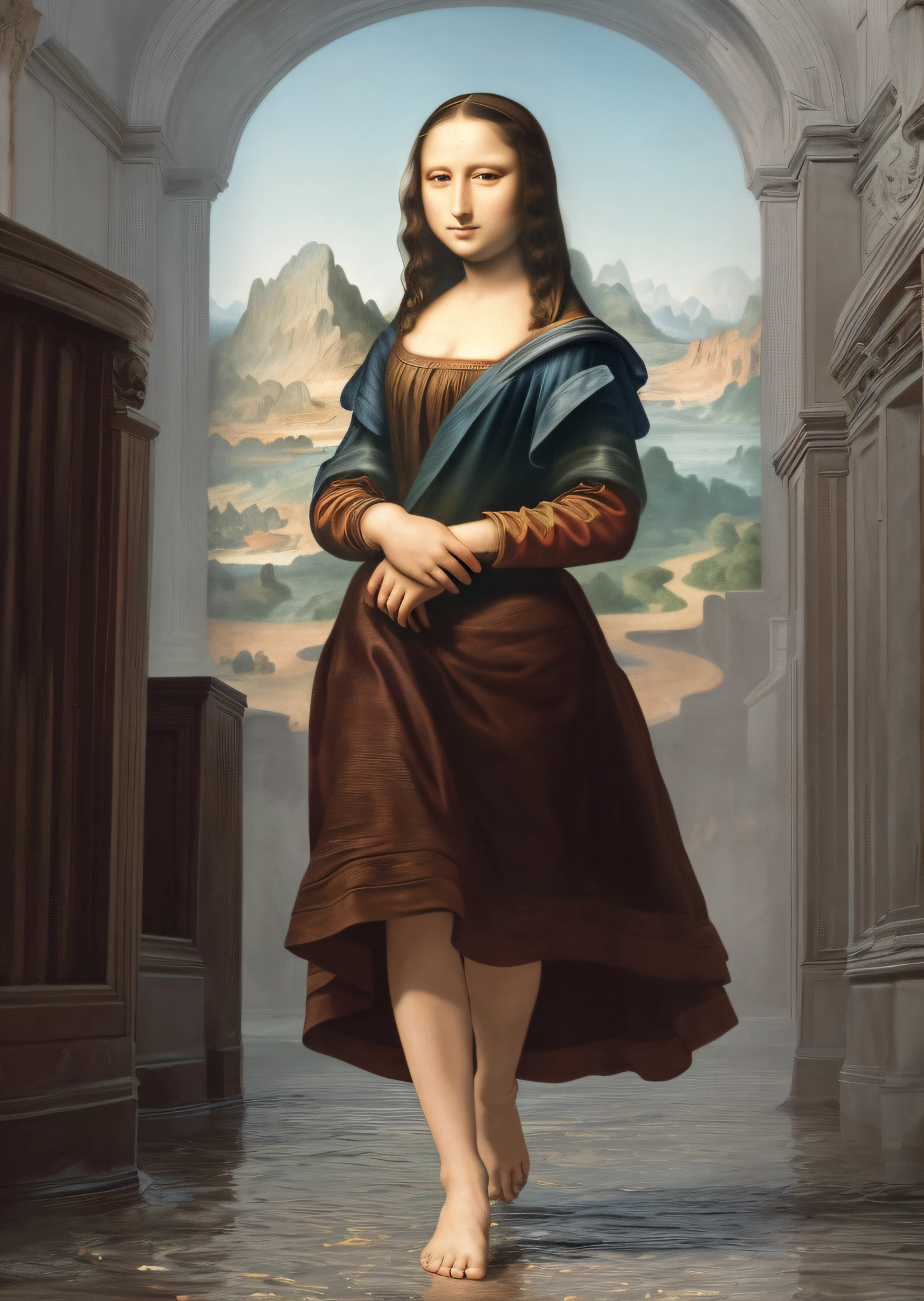 Mona Lisa and an off-the-top man walking, gentle expression, full body portrait, barefoot, light streaks falling from the sky, masterpiece, highest quality, high quality, highly detailed CG unit 8k wallpaper, award winning photo, bokeh, depth of field, HDR, flood, chromatic aberration, realistic, very detailed, art station trend, CGsociety trend, complex, high detail, dramatic, midway art, volumetric lighting