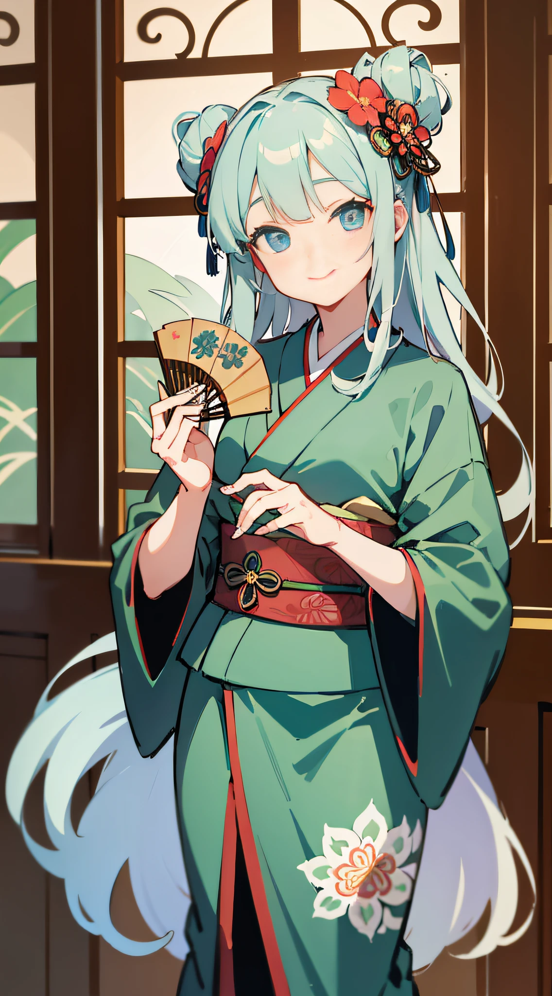 Masterpiece, Superb Quality, Super High Resolution, Cute Girl, Full Body, Chinese Antique Style, Long Gray Hair, Long Green Kimono, Intricate Design, Flower Embellishment, Blue Eyes, Hairpin, Cute Little Lori, Cute Cute and Cute and Cute, Thick Paint, Gentle Smile, Holding a Fan