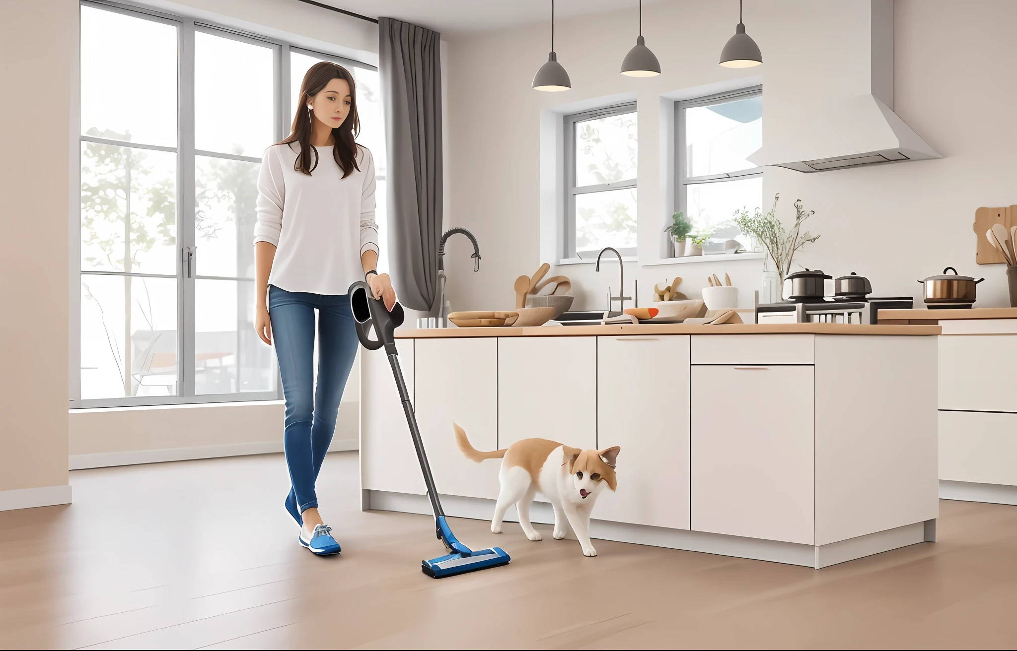 Finishing at the level of precision, European and American woman using a vacuum cleaner to clean the kitchen floor, skinny jeans, crisp smooth clean lines, pets, flexible, unparalleled quality, smooth and clean surface, crisp clean shape, bottom angle, Argos, bixbite, incredible quality