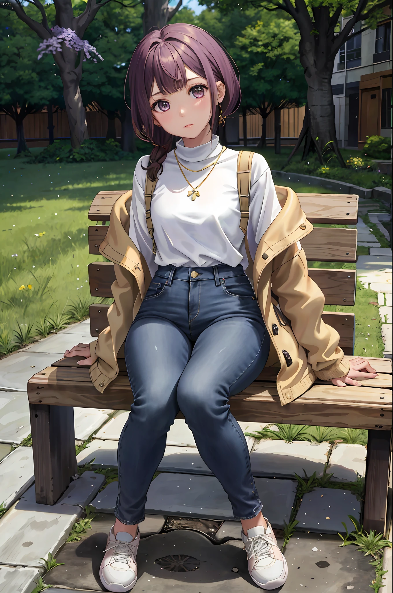 Ray Tracing,Global Illumination,3girl,chibi:1.49, wisteria_purple large eyes, brown, buzz cut,envious _face,light dark skin,flat chest,thick thighs,, High-waisted_denim_mom_jeans, white_turtleneck_sweater, camel_coat, white_sneakers, layered_gold_necklaces, and_a_black_leather_backpack, , Grassy_area_with_trees_and_benches, looking at viewer,