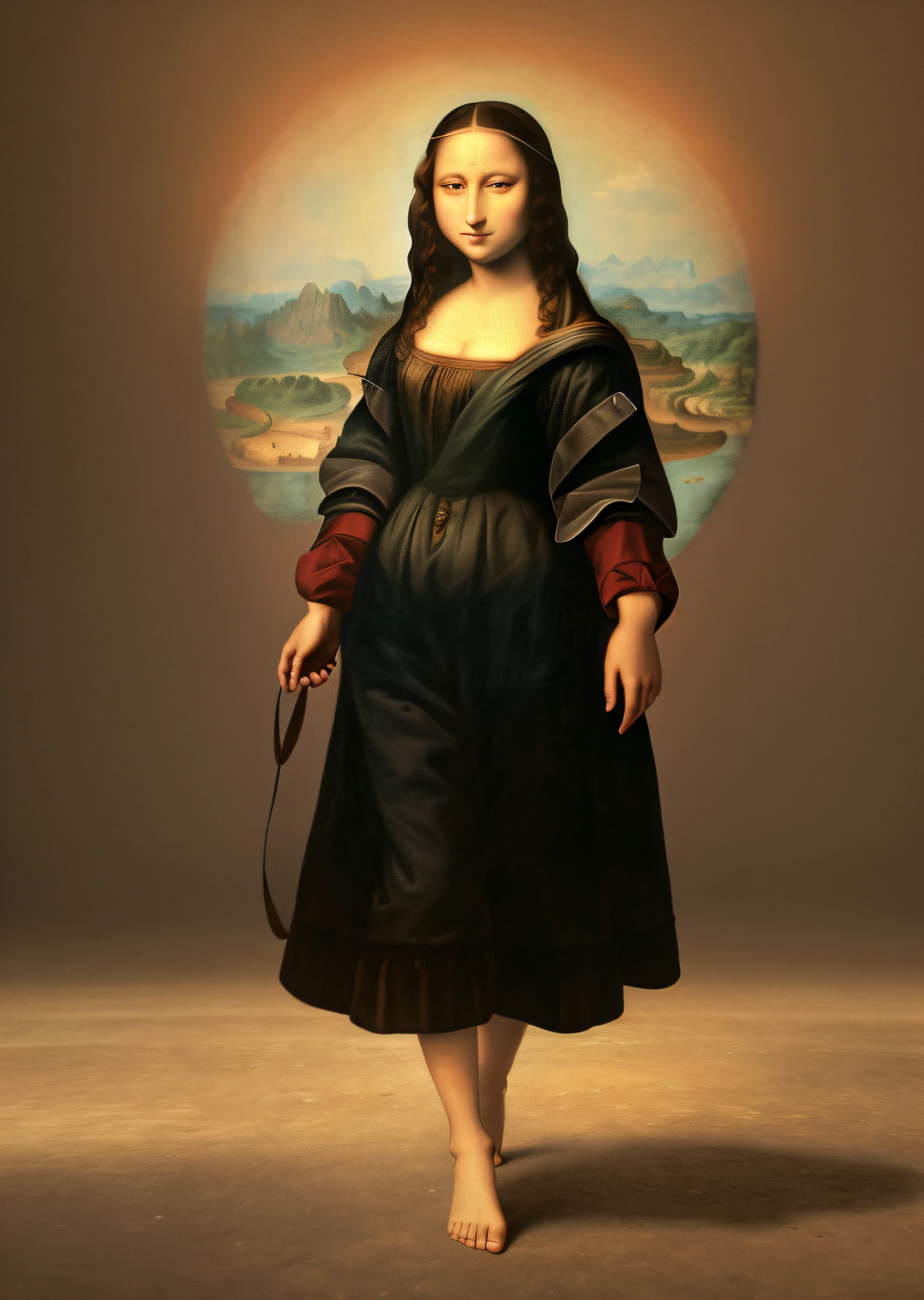 Mona Lisa and an off-the-top man walking, gentle expression, full body portrait, barefoot, light streaks falling from the sky, masterpiece, highest quality, high quality, highly detailed CG unit 8k wallpaper, award winning photo, bokeh, depth of field, HDR, flood, chromatic aberration, realistic, very detailed, art station trend, CGsociety trend, complex, high detail, dramatic, midway art, volumetric lighting