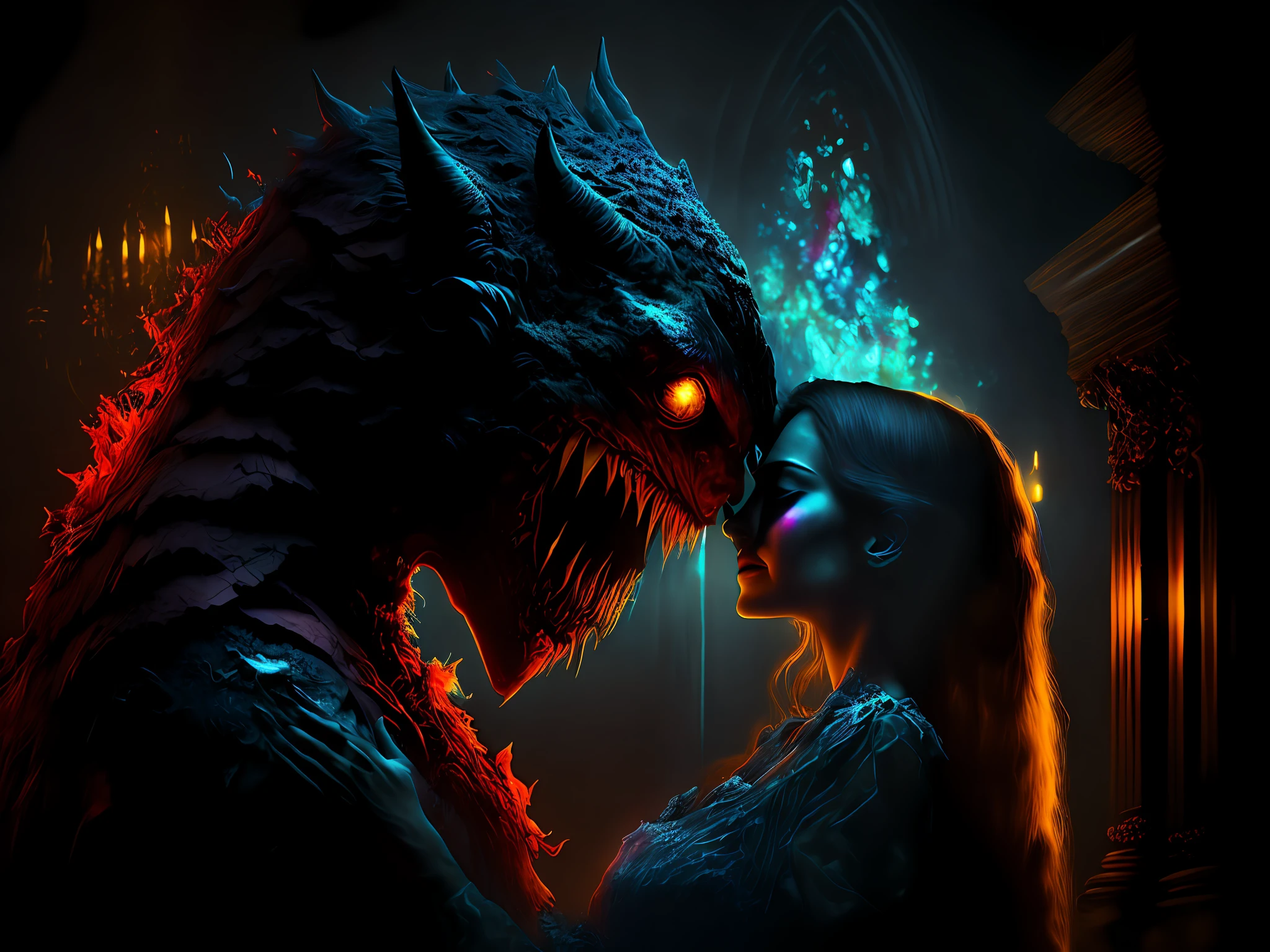 (monster embracing beauty:1.2),(dramatic lighting, perfect composition, high contrast),mystery, fantasy, fear and affection intertwined, dark background, emotional impact, high saturation, chiaroscuro