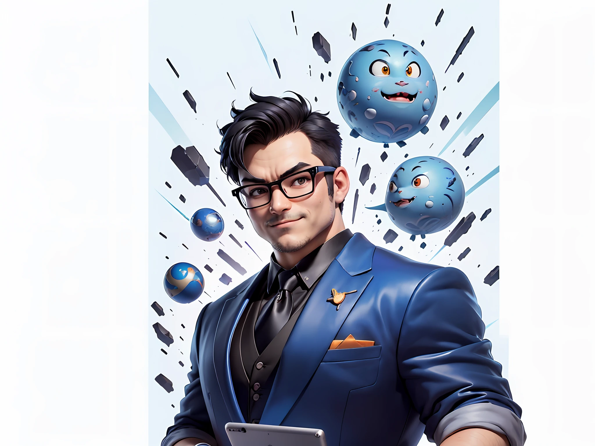 (((Masterpiece), (Excellent), (Super Meticulous), (Full Body: 1.2), Super Young Man, Oriental Face, Japanese Wind and Thunder God, Dragon, Tiger, TV Anchor, Bust Portrait Illustration, Alone, Black Formal Suit, Blue Tie, Slightly Chubby Face, Silver Glasses Face Very Clean No Beard, Black Super Short Hair, Black Eyes, Confident Smile, 3c Computer Sub-Products, iPad, iPhone, Digital Painting, 3D Character Design by Akira Toriyama and Mark Claireden and Pixar and Hayao Miyazaki, The illustration is a high-definition illustration in 4K resolution with very detailed facial features and cartoon-style visuals.